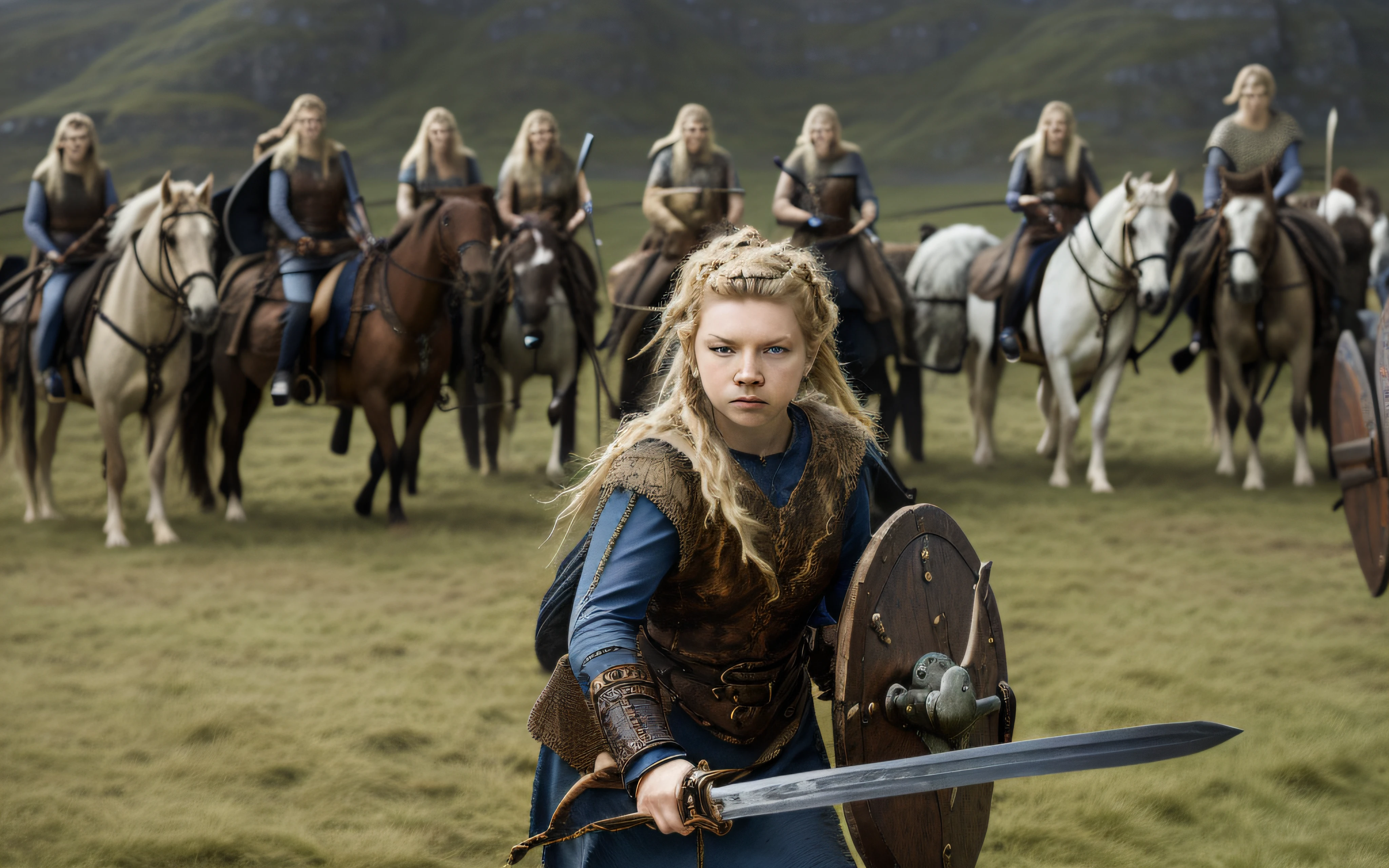 there is a woman in armor holding a sword and a shield, Adolescente Viking Shieldmaiden, female viking, Imogen Poots como um guerreiro santo, Poots Imogen como um paladino, VIQUINGUES, Poots Imogen como Paladino Santo, Natalie Dormer, Katheryn Winnick, wearing norse armor, an epic fantasy, Cultura Viking