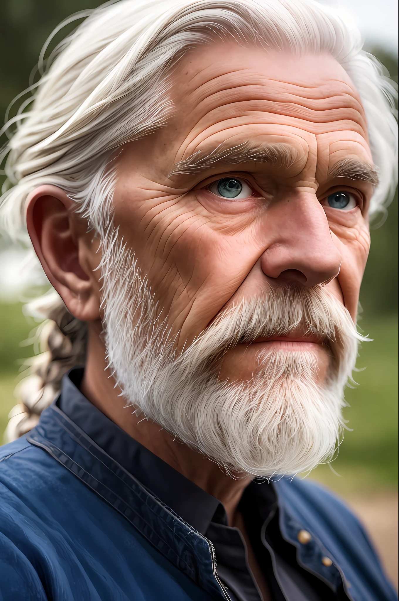 dark theme, ultra resolution, hyper realistic, hdr, absyrdres, cinematic shot, vignette, centered, short DOF,
a closeup portrait of an old man, Scandinavian, looking at camera,
blue old eyes,
short white hair, one braided hair curl, white VIKING BEARD,
missing teeth,
narrow face
dark skin, wide shoulders, weathered by sun and sat water,
royal doublet with gold patterns,
royal chambers
camera focus on an eye, high focal length, dslr, 200mm lens,
photo by Cristina Otero, dark studio, rim lighting, two tone lighting, dimly lit, low key, backlight,