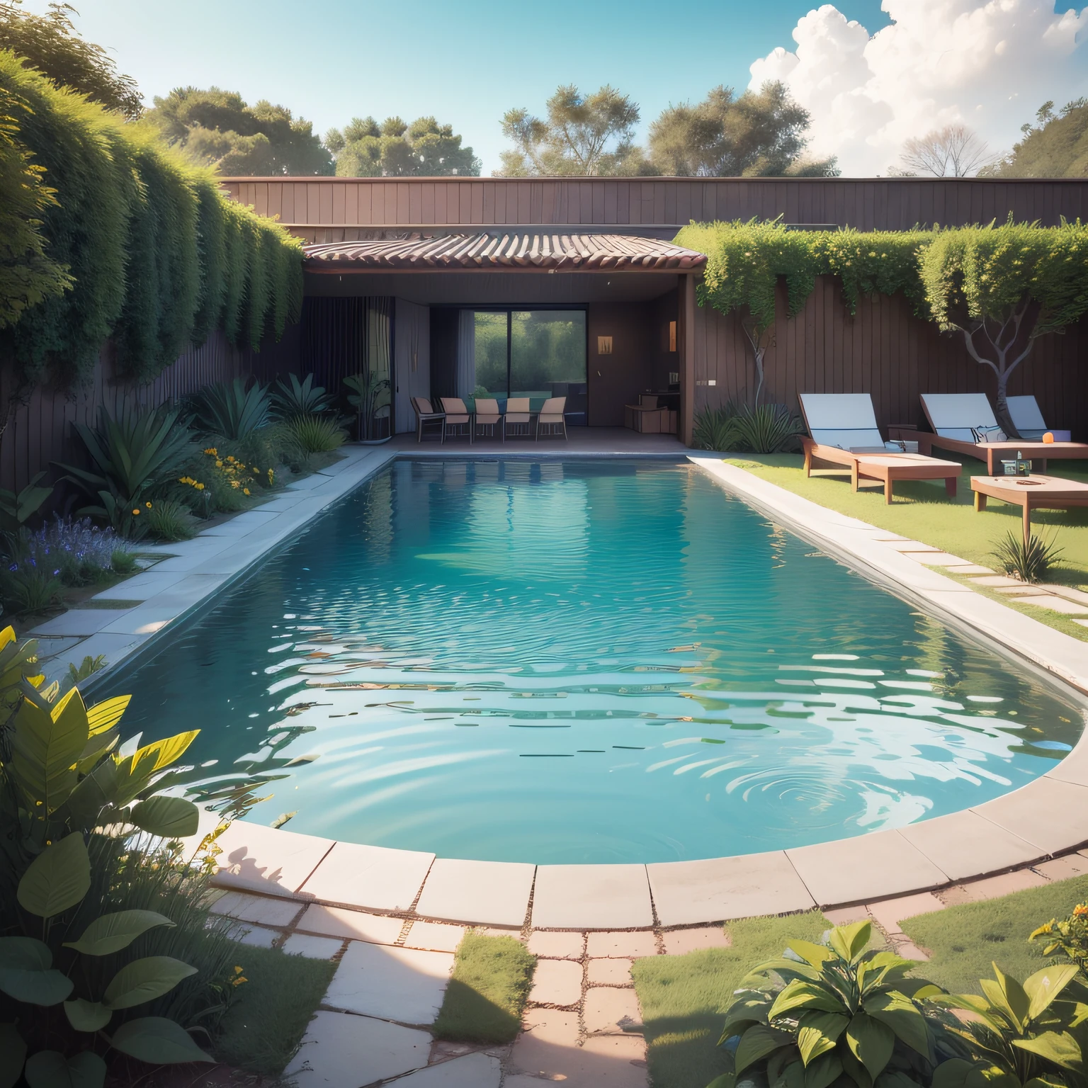 Organic modern architecture on a fairly large plot, de , Large complex of paddle fields there is a swimming pool in the middle of a large house of a flower, cor da casa em vigas marrom chocolate e preto, large modern residence, telhados planos e jardim, render luxcore, renderizar oktane, a photorealistic rendering, architectural render, mantra rendering, architectural render, lifelike rendering, architectural visualisation, piscina de bem-estar, architectural visualisation,  Large green areas, com pequenas zonas de flores de lavanda, arbustos verdes tipo exuberante jardim verde, as well as small water mirrors, swimming pool embedded in an area of sand, oliveiras e pinheiros ao redor da casa, quadra de padel ao lado da casa