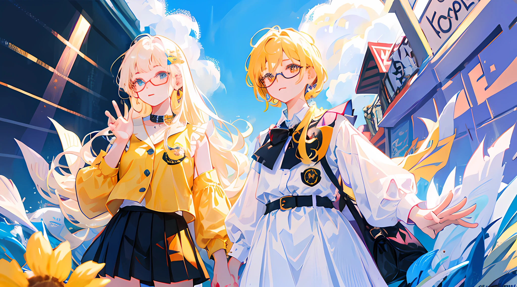 Best quality, super high resolution, (realism: 1.4), 1 female, sleeveless white button-down shirt, black skirt, black collar, ((glasses)), (Kpop idol), (aegyo sal: 1), (platinum blonde: 1), ((puffy eyes)), looking at viewer, full body, flowers