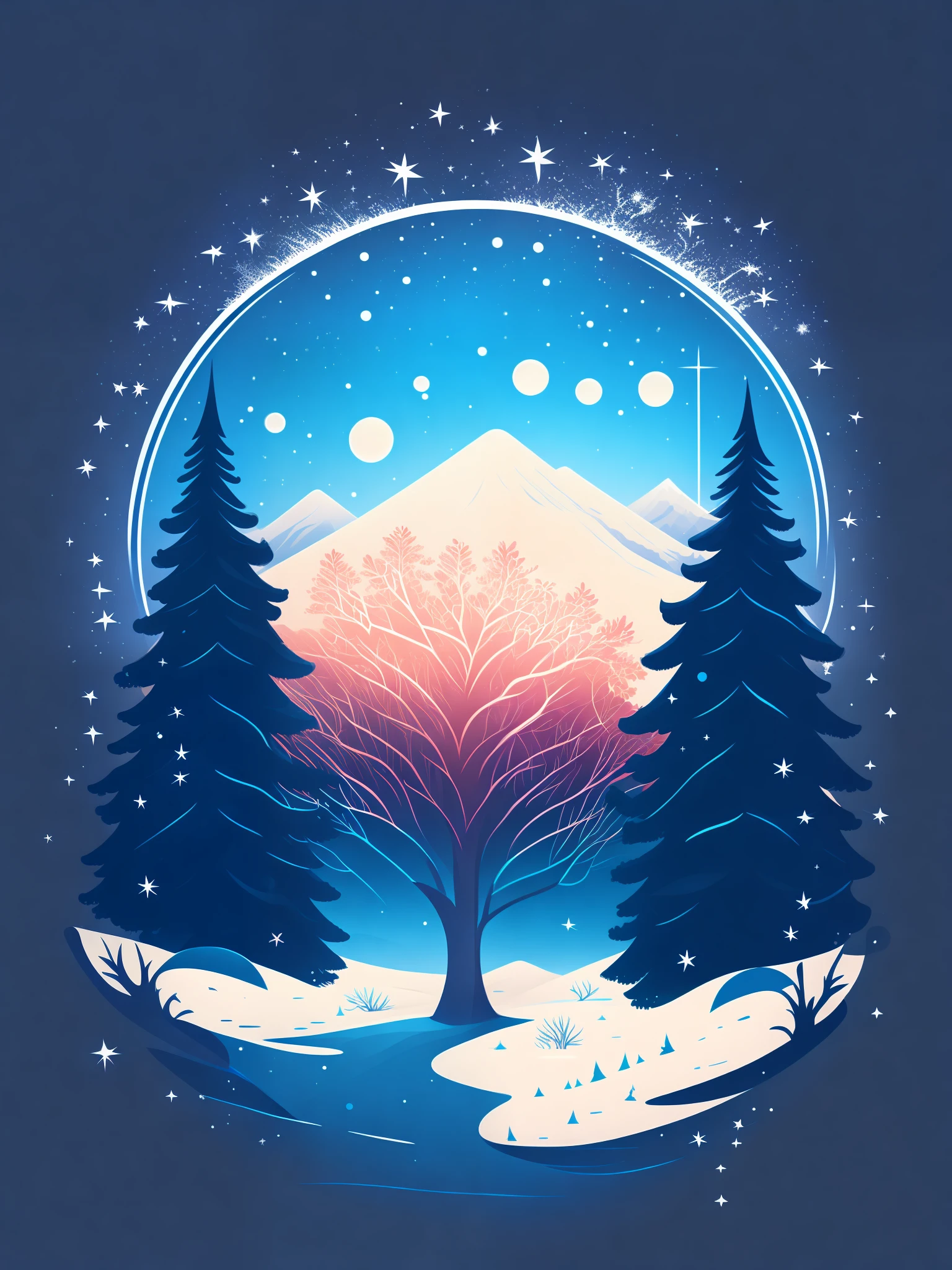 a spruice tree in a winter landscape, tshirt design, rzminjourney, vector-art