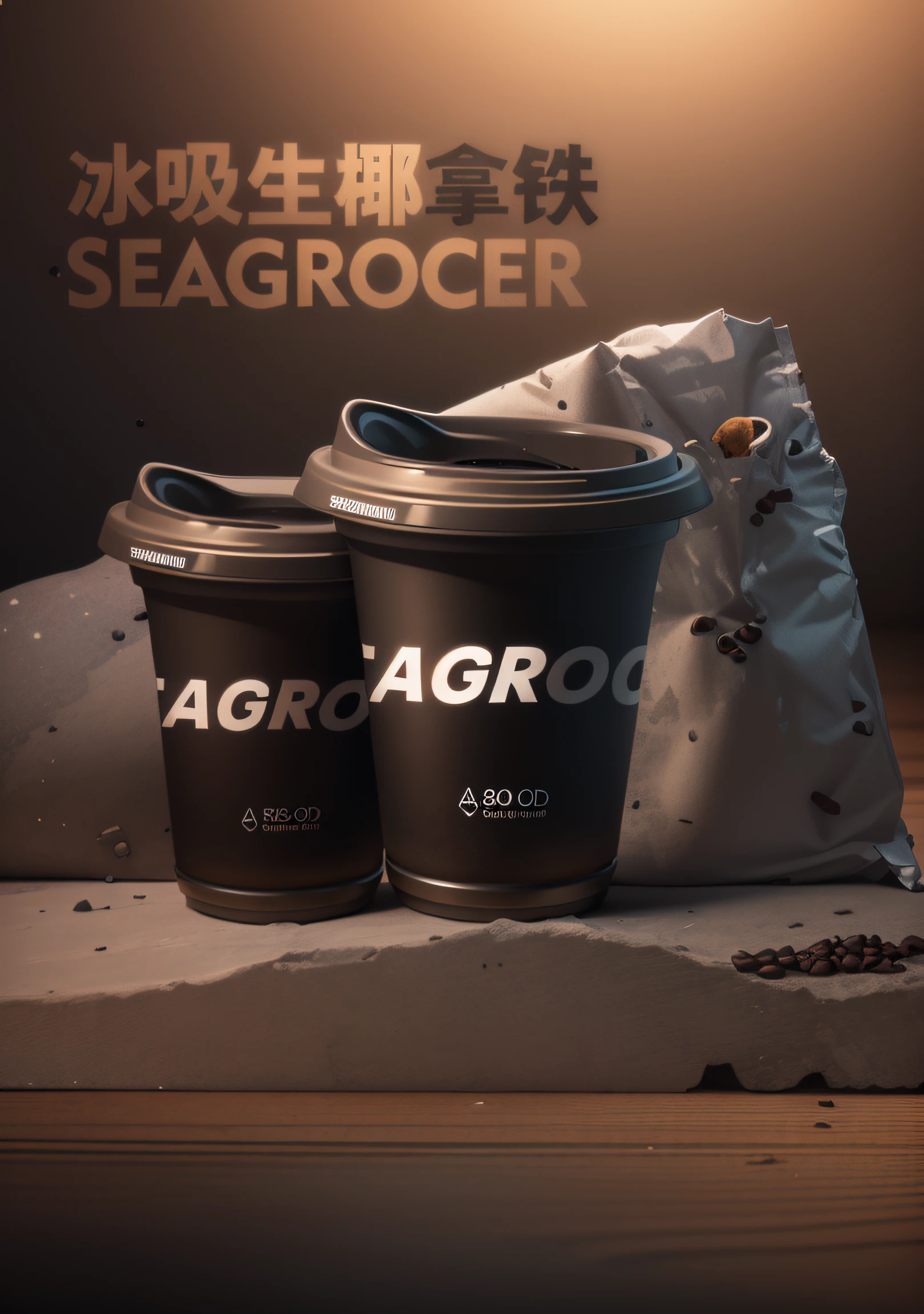 Modeling poster,2.5D,Rendering,Pure black coffee cup,Perfect light,Photographic scenes,space,The astronaut,universes,solidcolor,Black coffee beans,Black,Rendering,a poster for a,high qulity,8K