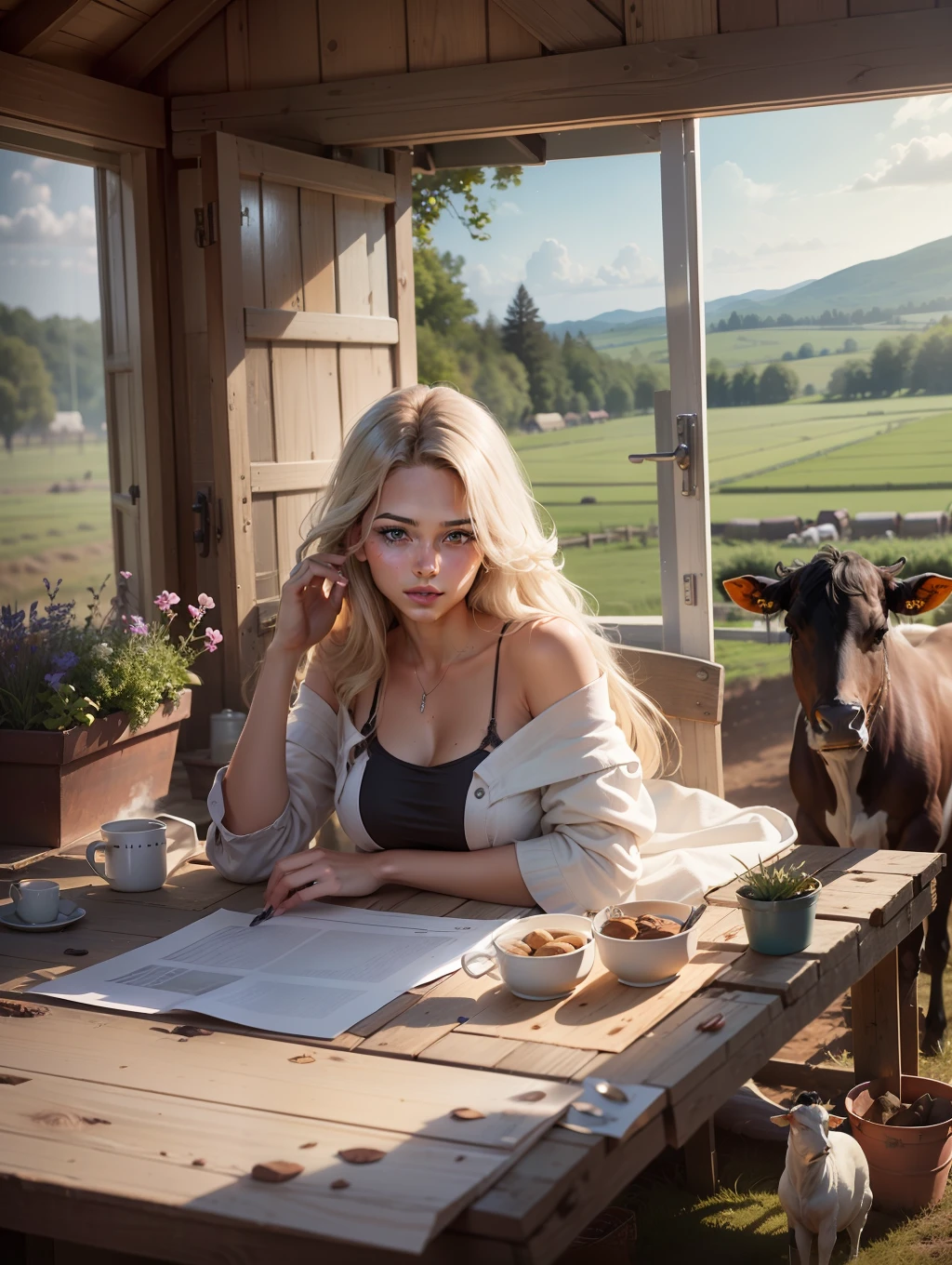 Immerse yourself in the rustic charm of farm life as you create a beautiful and realistic image of a girl working in a vast field, surrounded by cows. Showcase the serene countryside ambiance, capturing the Women's dedication and connection to the land as she tends to the animals and nurtures the agricultural bounty.ray trace, (brightening light:1.2), (Increase quality:1.4), (best quality real texture skin:1.4), finely detailed eyes, finely detailed face, finely quality eyes, (tired and sleepy and satisfied:0.0), beautiful clothes, (Increase body line mood:1.1), (Increase skin texture beauty:1.1) (full-body)
