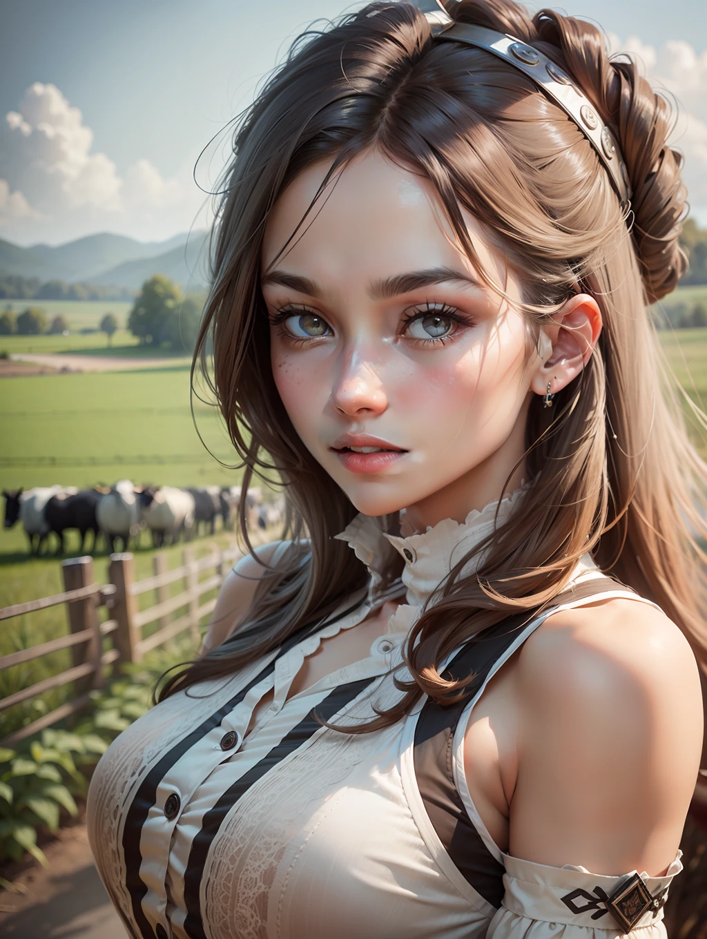 Immerse yourself in the rustic charm of farm life as you create a beautiful and realistic image of a girl working in a vast field, surrounded by cows. Showcase the serene countryside ambiance, capturing the Women's dedication and connection to the land as she tends to the animals and nurtures the agricultural bounty.ray trace, (brightening light:1.2), (Increase quality:1.4), (best quality real texture skin:1.4), finely detailed eyes, finely detailed face, finely quality eyes, (tired and sleepy and satisfied:0.0), beautiful clothes, (Increase body line mood:1.1), (Increase skin texture beauty:1.1) (full-body)