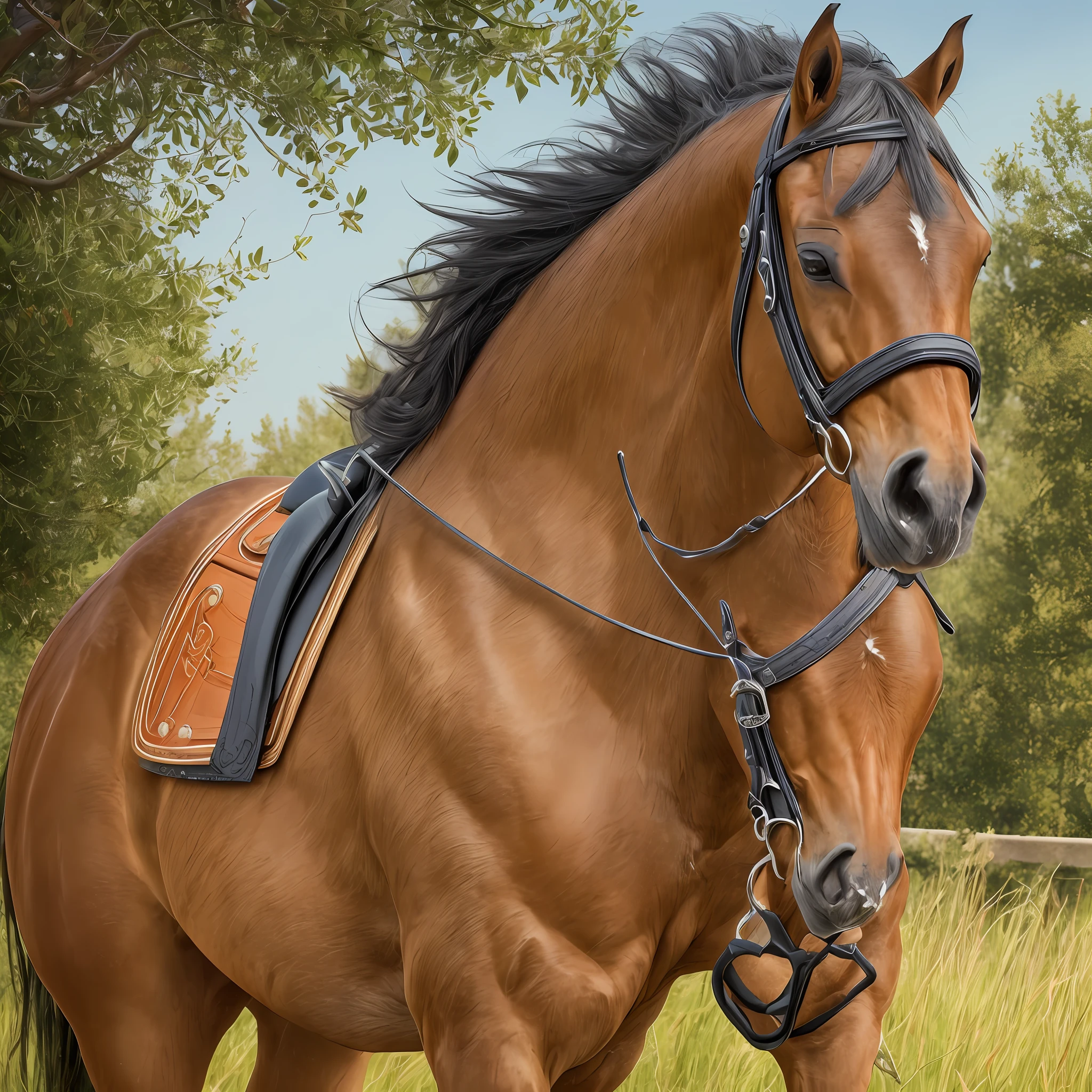 A majestic and elegant image of an Andalusian horse. This image is inspired by the beauty, grace, and strength of the Andalusian breed. The environment/background should reflect a natural setting, such as a picturesque countryside or a spacious pasture, allowing the horse to showcase its natural magnificence. The image should capture the horse in motion or in a poised stance, highlighting its flowing mane, expressive eyes, and well-defined musculature. The medium or wide-angle shot will provide a comprehensive view of the horse, allowing viewers to appreciate its noble stature. The lighting should be natural and flattering, enhancing the horse's features and emphasizing its coat's shine. The desired level of detail is high, with a resolution that allows for the intricate textures and details of the horse's features to be visible. The goal is to create an image that showcases the timeless beauty and captivating presence of the Andalusian horse, captivating viewers with its majestic allure.