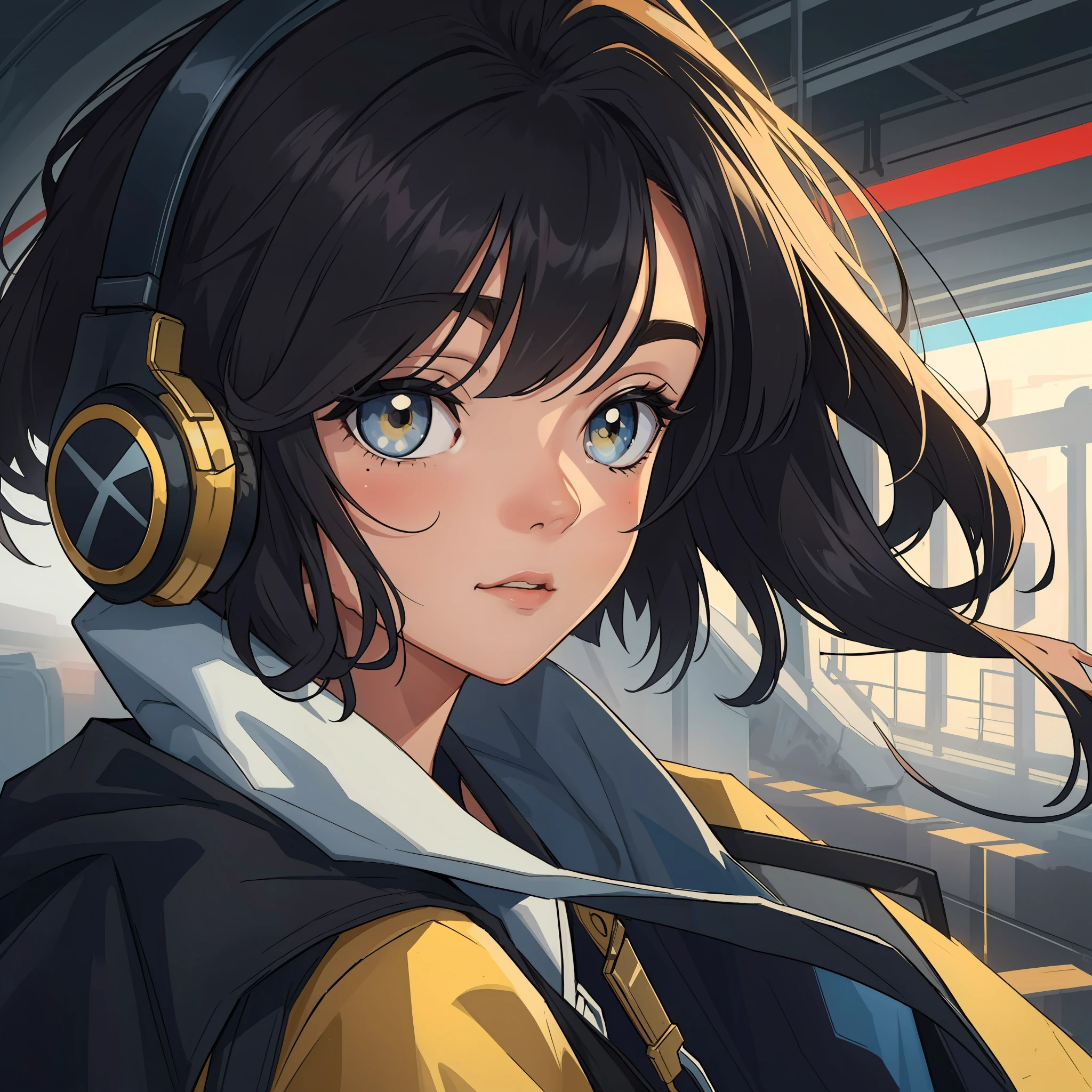 (obra-prima, melhor qualidade), detalhes intrincados, 8k, artstation, papel de parede, arte oficial, splash art, sharp-focus,
1menina, de cabelo inteiramente louro, de cabelo curto acima do ombro, olhando para o lado, olhos azuis com um headphone, cabelos curtos ao vento, train station in the background of day
