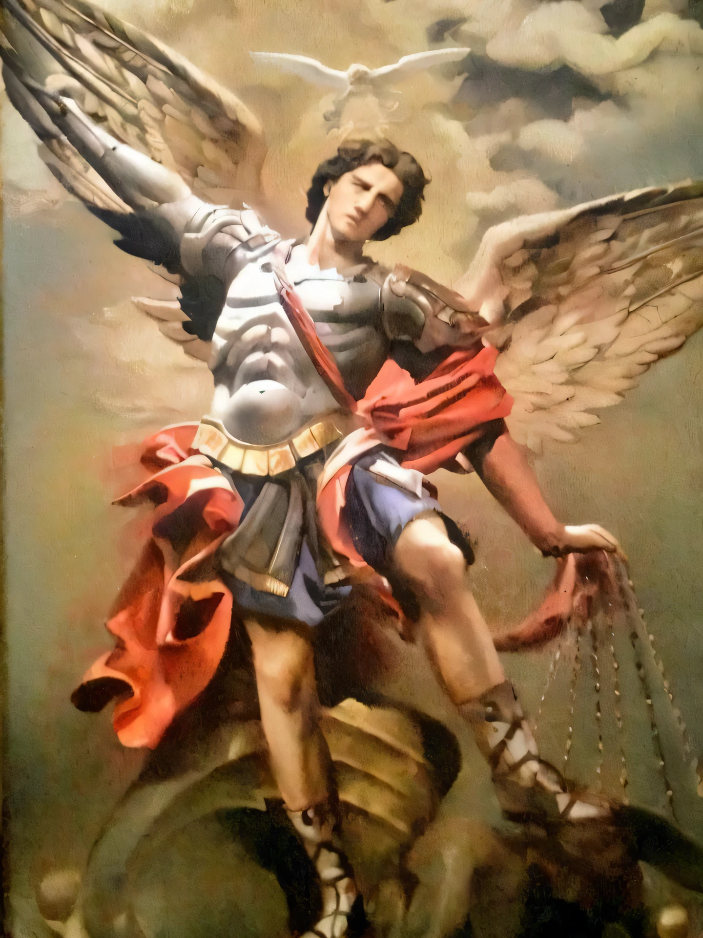 pintura de um homem com uma espada e um escudo em um cavalo, saint michael the angel, Arcanjo Miguel, arcanjo, biblical accurate angel, Miguel Anjo, por Michaelangelo, cheio de pinturas de anjos, Directed by: Antonio Cavallucci, Directed by: Cristofano Allori, angel in plastic armor, oil canvas of lucifer, angelic, inspirado em Francesco Albani