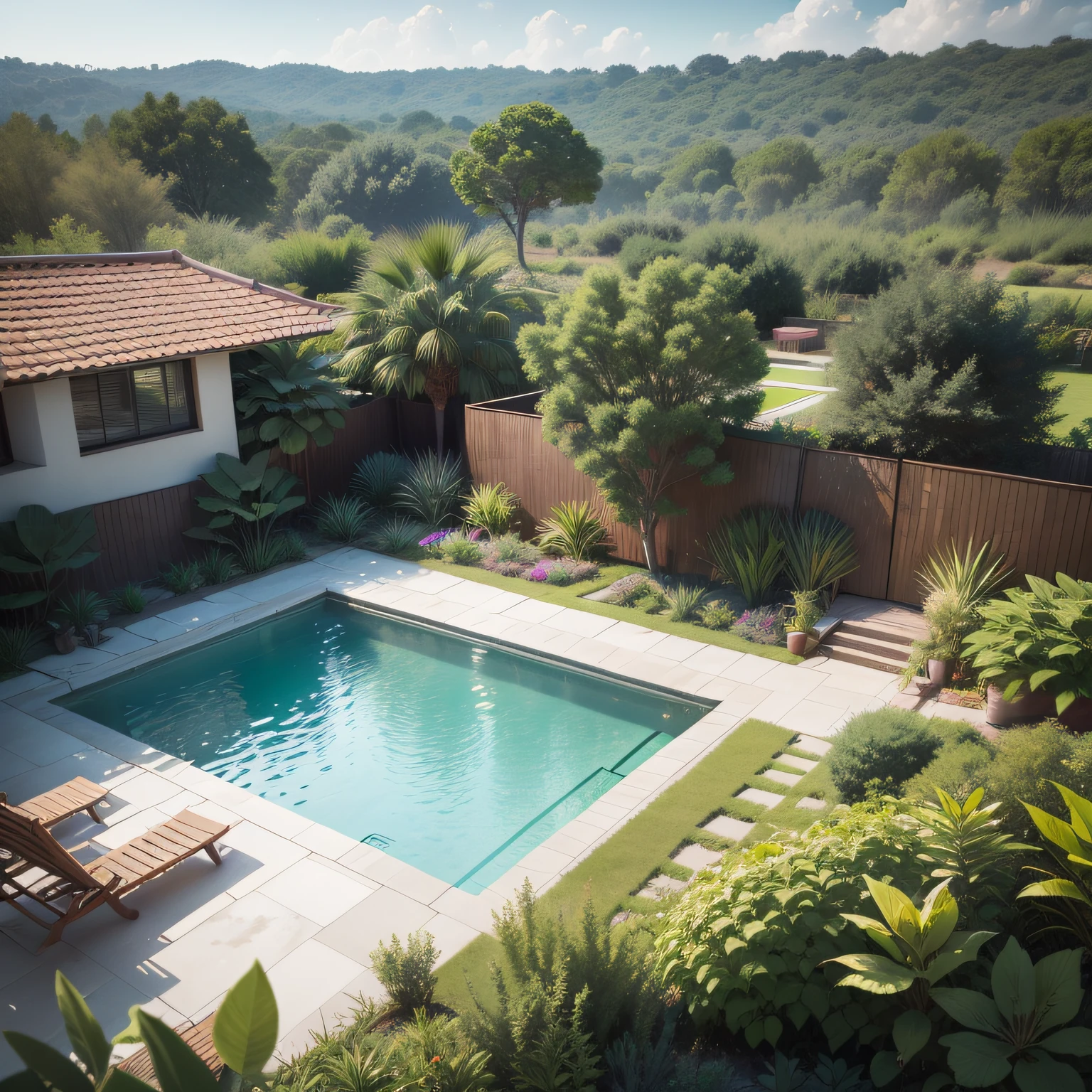 Organic modern architecture on a fairly large plot, de , Large complex of paddle fields there is a swimming pool in the middle of a large house of a flower, cor da casa em vigas marrom chocolate e preto, large modern residence, telhados planos e jardim, render luxcore, renderizar oktane, a photorealistic rendering, architectural render, mantra rendering, architectural render, lifelike rendering, architectural visualisation, piscina de bem-estar, architectural visualisation, Large green areas, com pequenas zonas de flores de lavanda, arbustos verdes tipo exuberante jardim verde, as well as small water mirrors, swimming pool embedded in an area of sand, oliveiras e pinheiros ao redor da casa, quadra de padel ao lado da casa