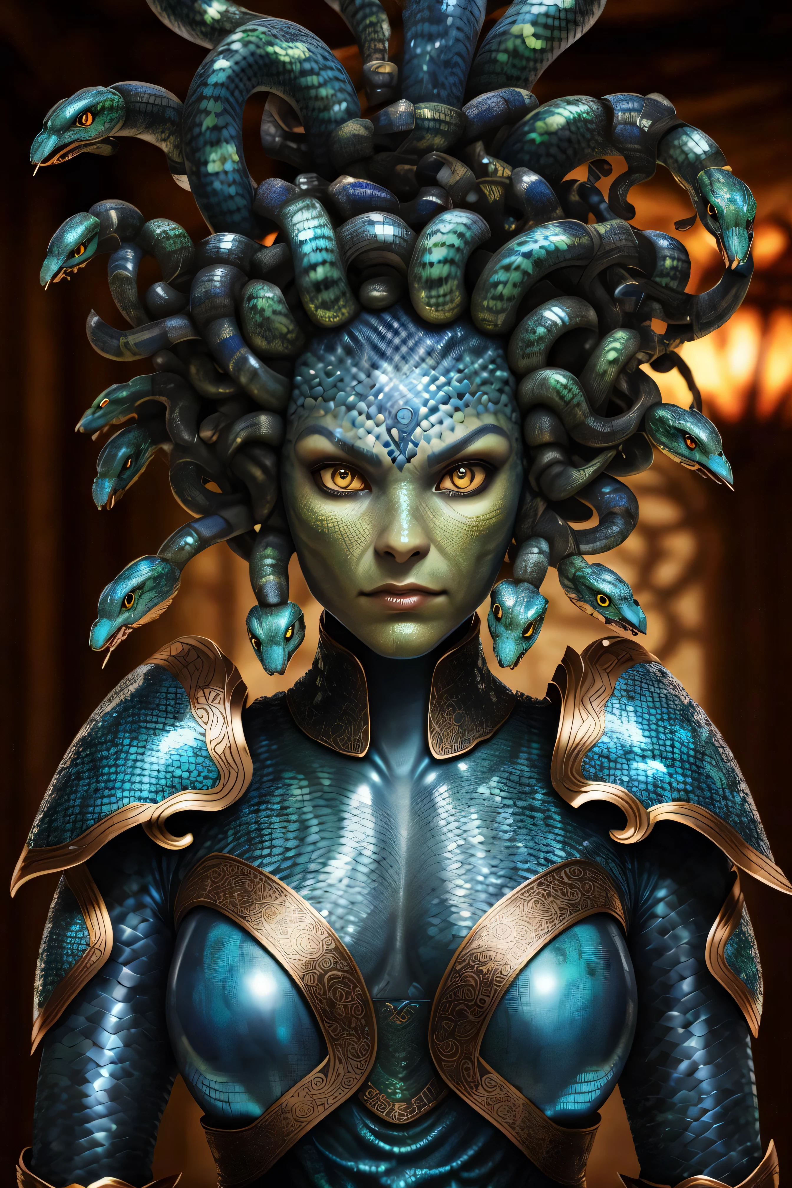 close-up portrait photograph,medusa,serpent warrior armor,intricate highly detailed brown blue (serpent skin:1.2),indoors background,