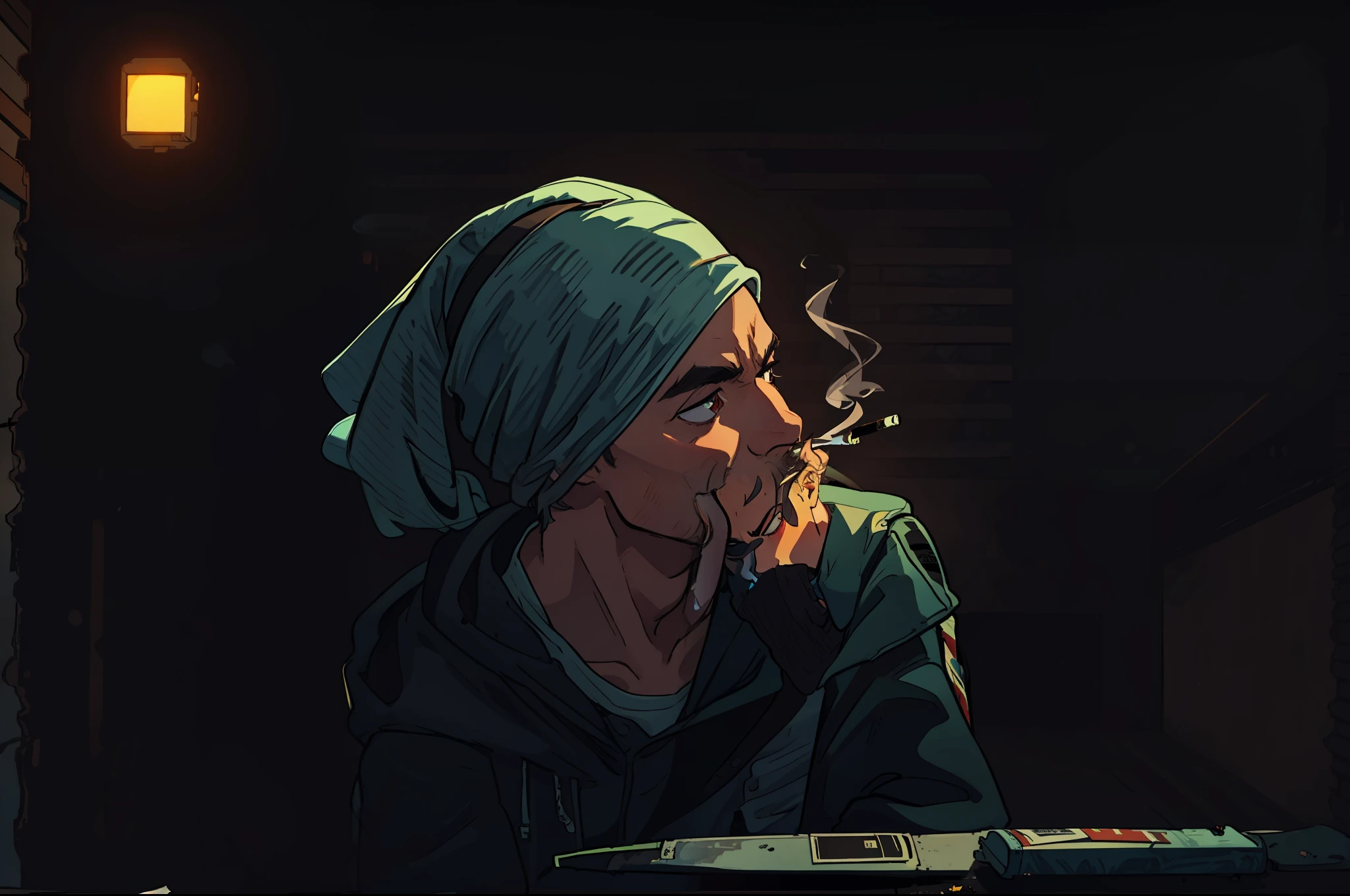A man smoking a cigarette, in apocalyptic city