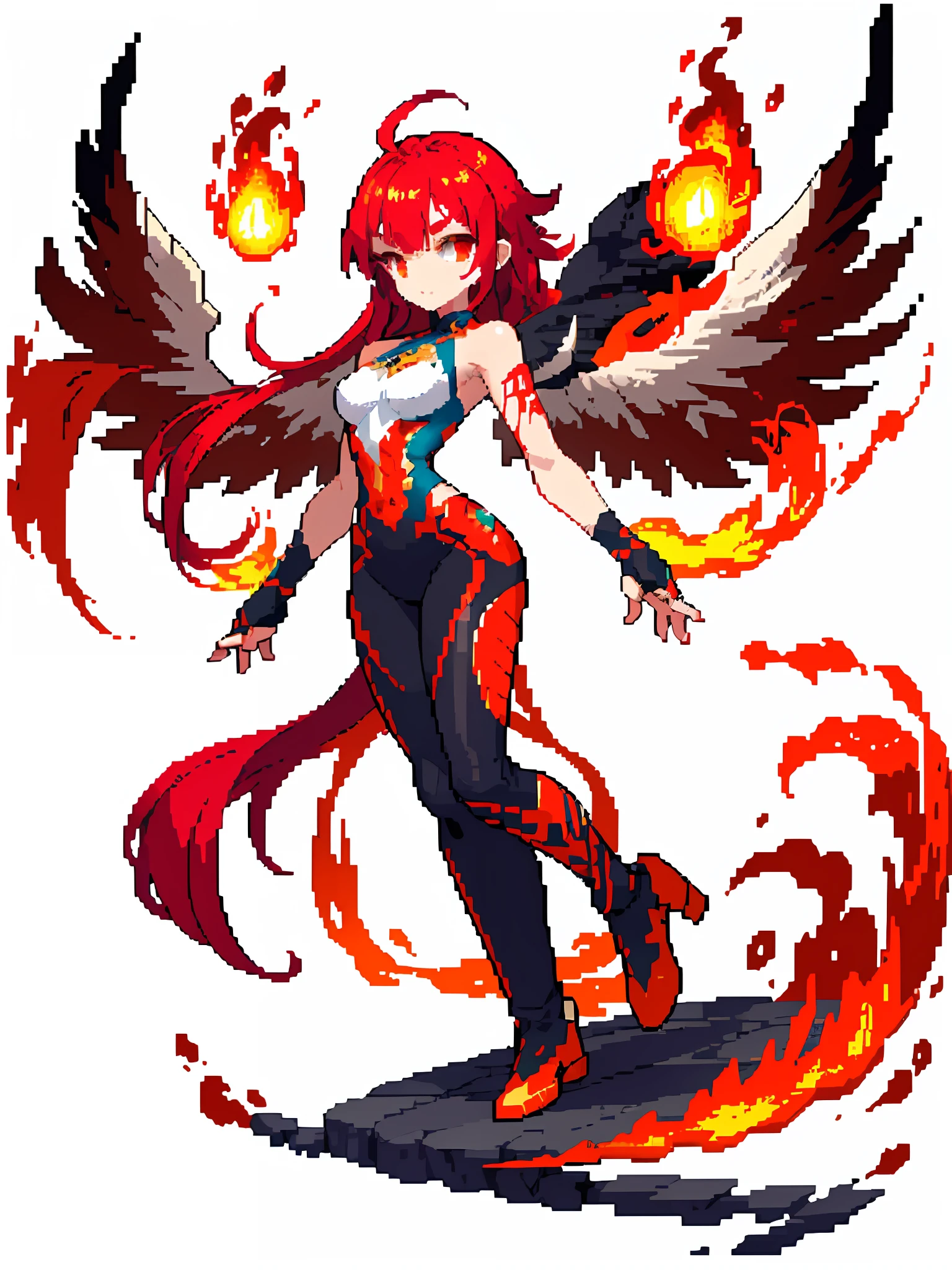 Pixel, Pixel Art, 1 girl, (A woman with long, flowing, blood red hair and glowing orange eyes:1.2),(white background:1.1), ruby red hair with bangs, tall, thin, tan skin, great flaming wings of fire spread wide on her back, flaming angel magic grand wings made of fire, floating, 16-bit arcade fighting game