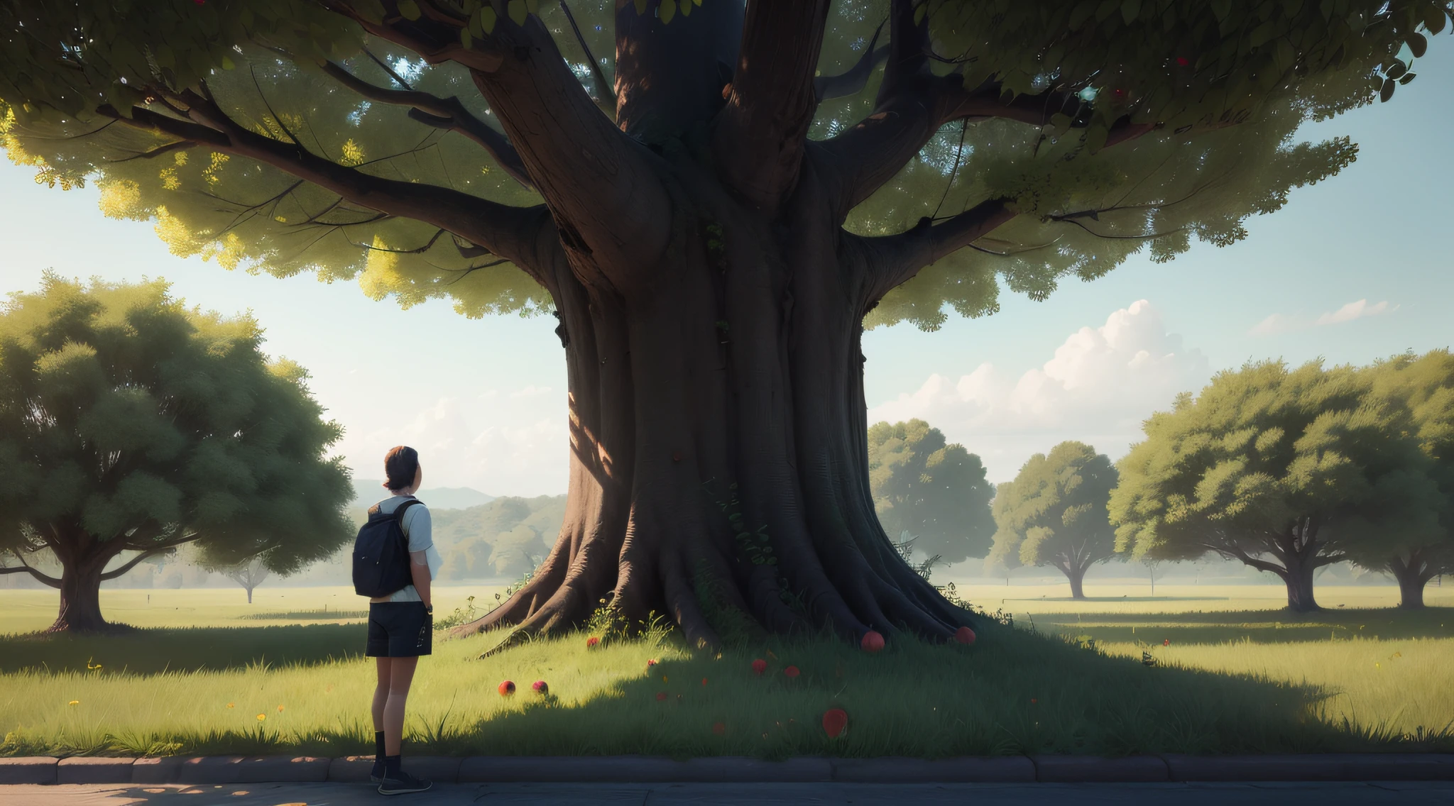 um rapaz 25 anos, looking at an apple tree, Large tree, 8k, ultra realista, foto raw, high resolucion.