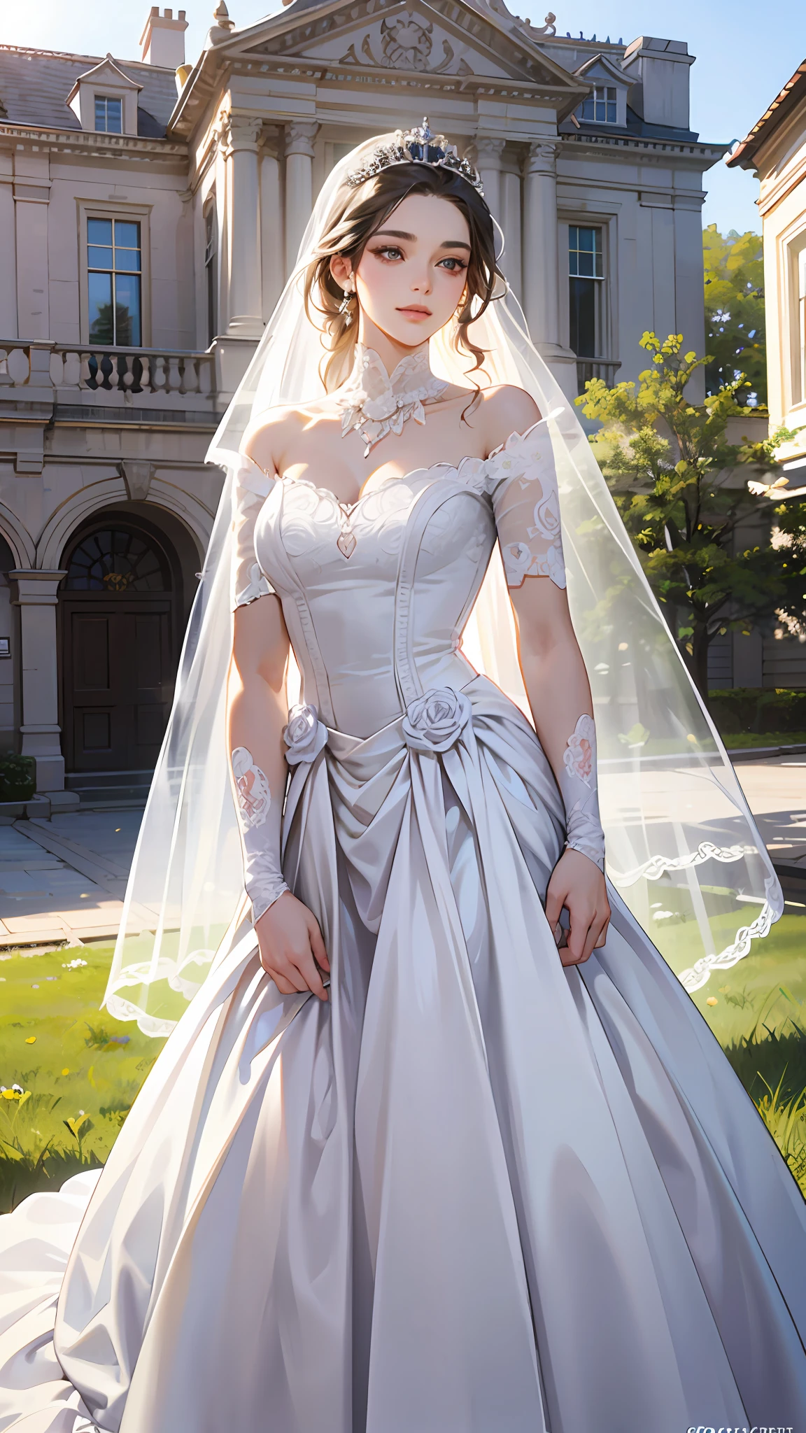Super realistic image of a full-length photo of a caucasian bride in Full-length white wedding dress standing in front of a very beautiful building in country side of england as the background. It can fully display the model's clothes and show her height of 165 cm. The bride wears a tiara and veil. Emphasize detailed embellishments on her dress that any fashion designer can see. Hair: tied Deep-set eyes Facial Structure: Chiseled features Nose: Wide nose Lips: Pouty lips Skin: fair complexion. white wedding dress. Broad realistic smile.