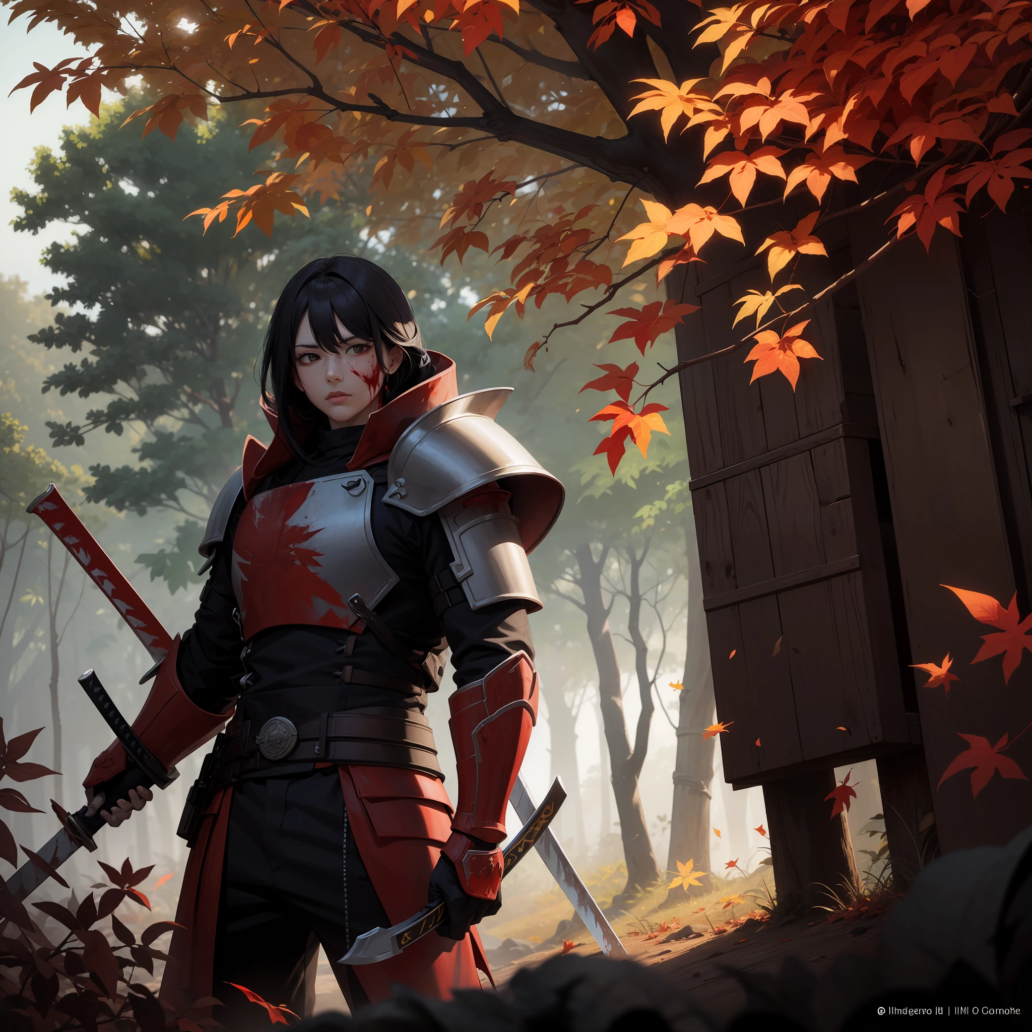 Red armored ronin , fall , red leaves , jungle , contrast , masterpiece, great details, blood on sword