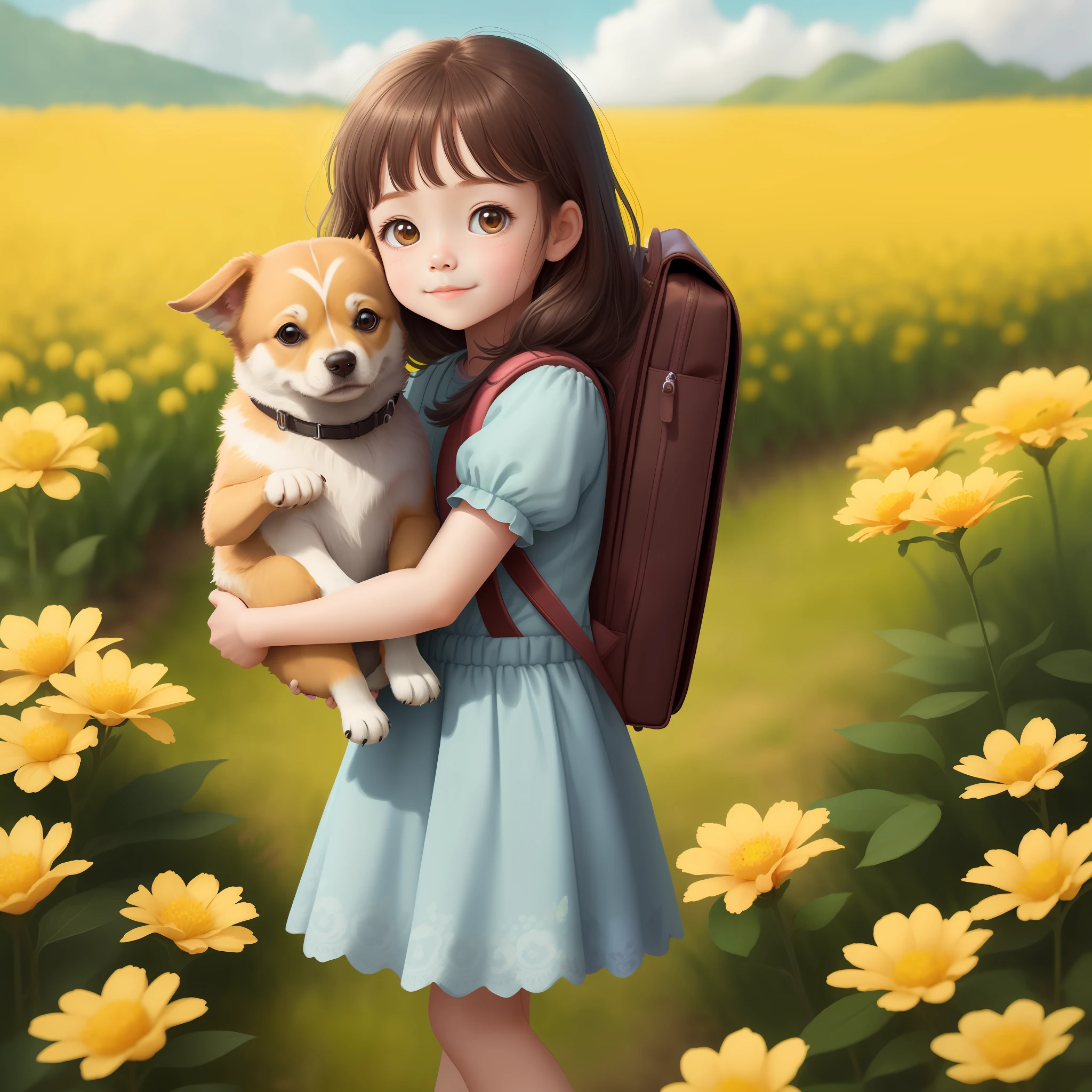 A charming little girl with a backpack is enjoying a cute spring outing surrounded by beautiful yellow flowers and nature with her cute puppy. The illustration is a high-definition illustration in 4k resolution with highly detailed facial features and cartoon-style visuals, (Butterfly Dance)