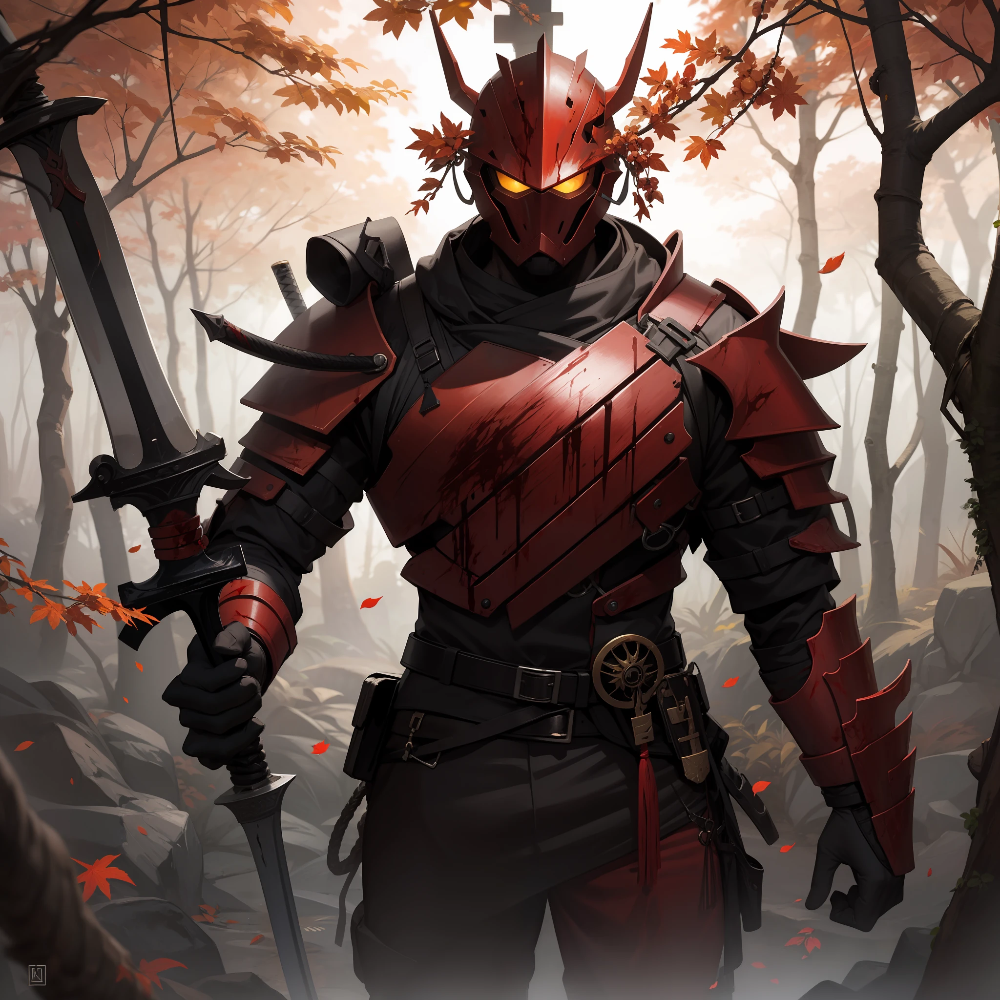 Red armored ronin , fall , red leaves , jungle , contrast , masterpiece, great details, blood on sword