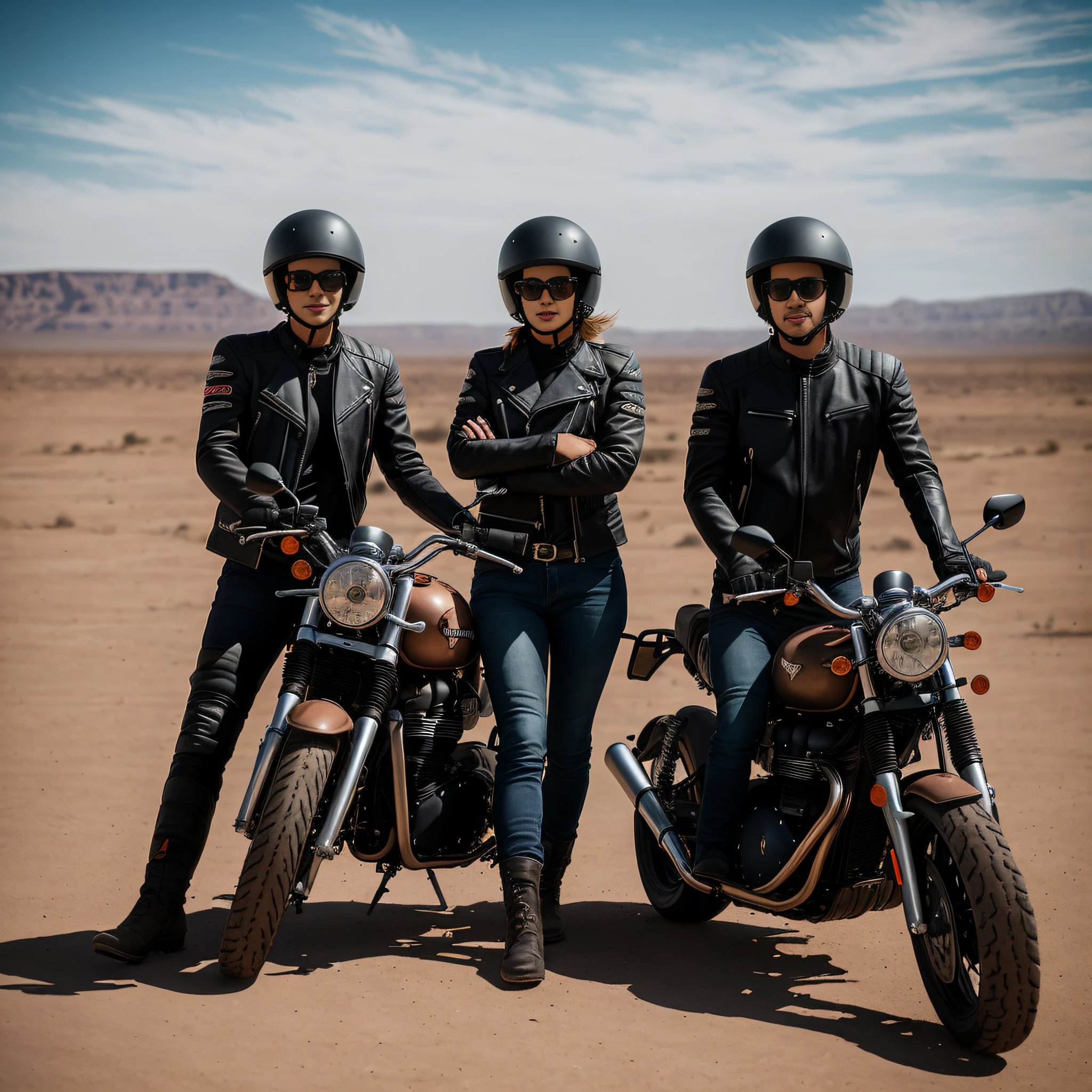 three people in leather jackets and helmets posing for a picture, triumph, on the desert, at the desert, motorcycles, in mad max style, by Dietmar Damerau, by Thomas Häfner, picture of a female biker, journey, touring, on a desert road, in the desert, mad max style, in the middle of a barren land with little vegetation, biker