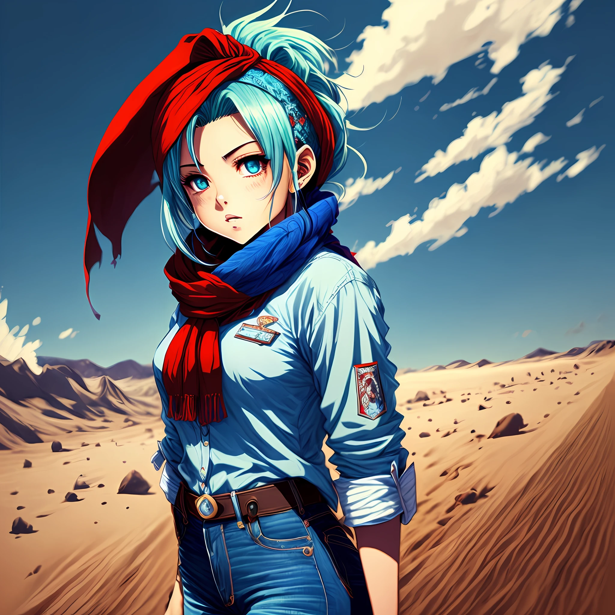 Bulma, Red scarf on neck, camisa branca, blue jeans --auto