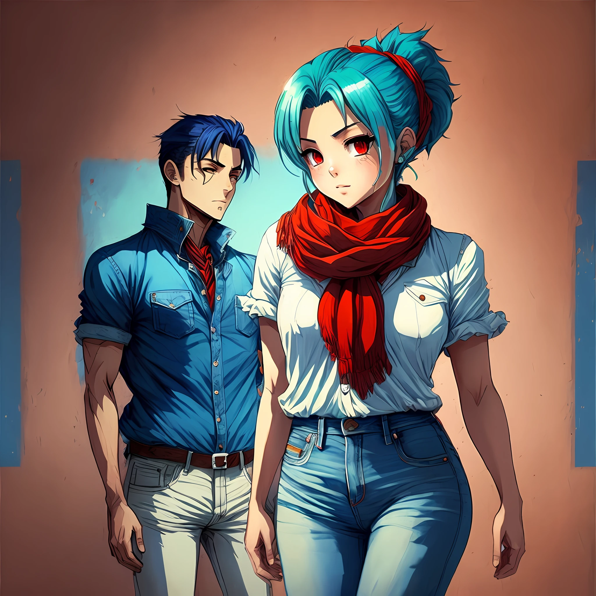Bulma, Red scarf on neck, camisa branca, blue jeans --auto