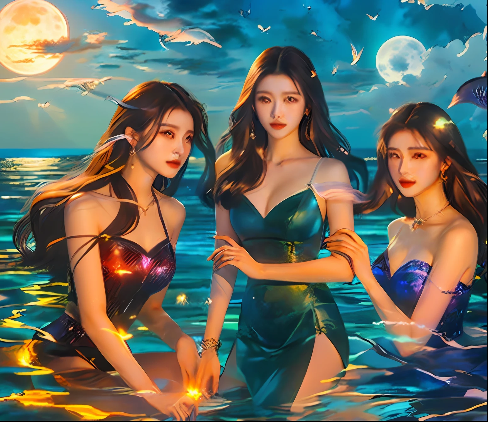 three women , full moon, queen of the sea mu yanling, yanjun chengt, sirens, artgerm and atey ghailan, by Li Song, by Ye Xin, fantasy oil painting, by Yang J, closeup fantasy with water magic, the glow of the moonlight, goddess of the ocean