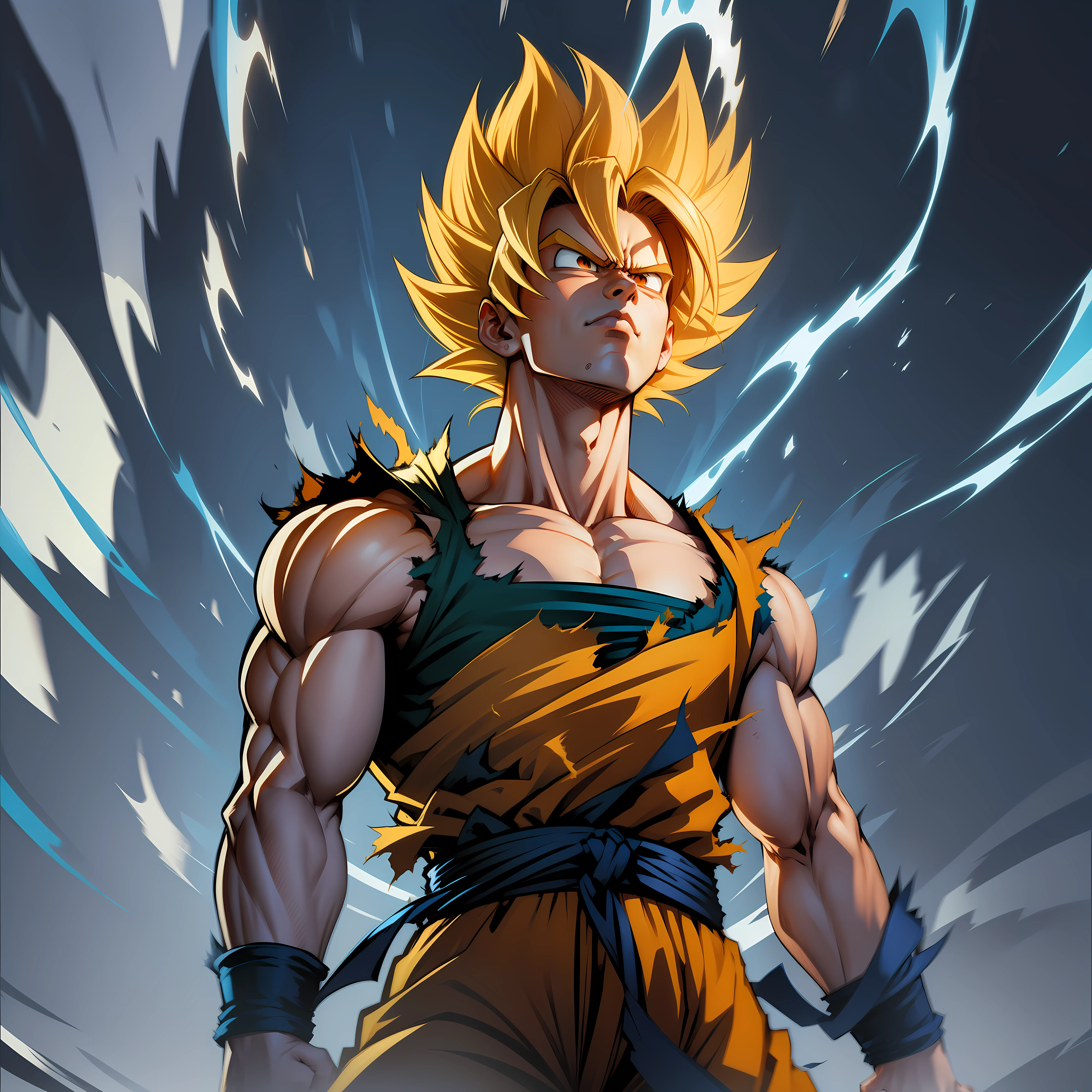 Son goku super sayajin looking up, serious face. aura of power. Muscles. soft light. digital art. traces of 90's anime. Torn clothes. Face defined