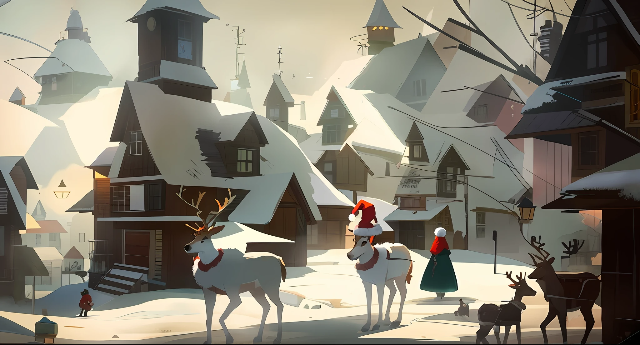 there is a cartoon picture of a santa claus and reindeers in the snow, pixar concept art, brittney lee, disney concept art, very coherent stylized artwork, concept art stunning atmosphere, disney concept art :: nixri, concept art for movie, james gilleard artwork, disney concept artists, zootopia concept art, anato finnstark. pixar