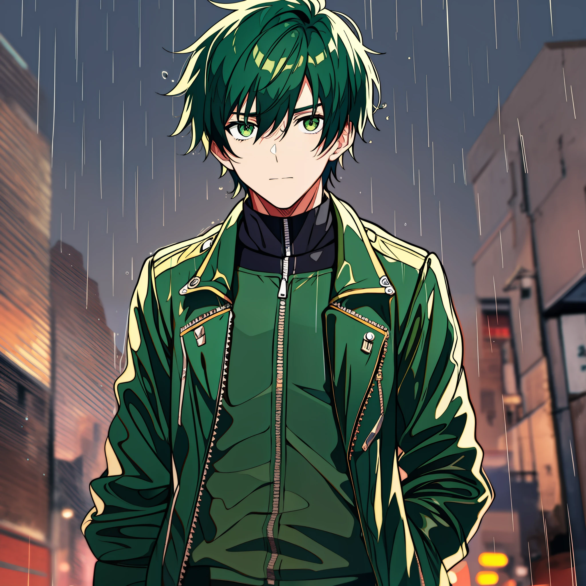 Older teenage male with short green hair and green eyes, in the rain, at night, wearing a black short high collar biker jacket, black ripped up pants