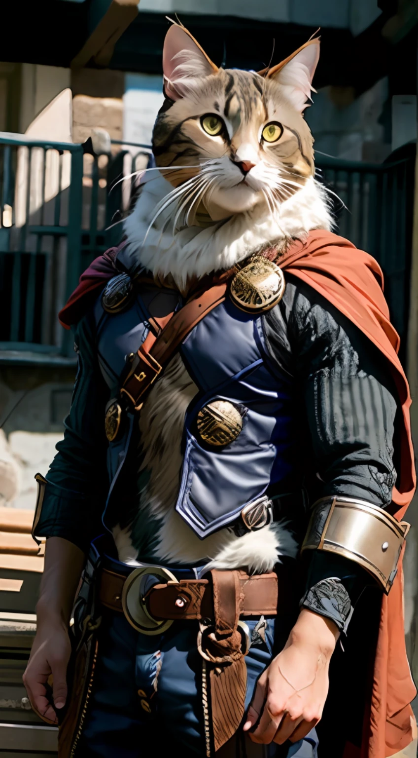 araffe dressed as a cat in a costume standing on a street, gato blindado, vestindo armadura de gato dourado, Guerreiro Gato, usando armaduras de pele intrincadas, O Cavaleiro da Armadura do Gato Dourado, Cattie - Brie de Mithril Hall, Asgardiano, superhero with a cat head, live-action adaptation, Catar, usando armadura de pele, como um personagem de fantasia medieval