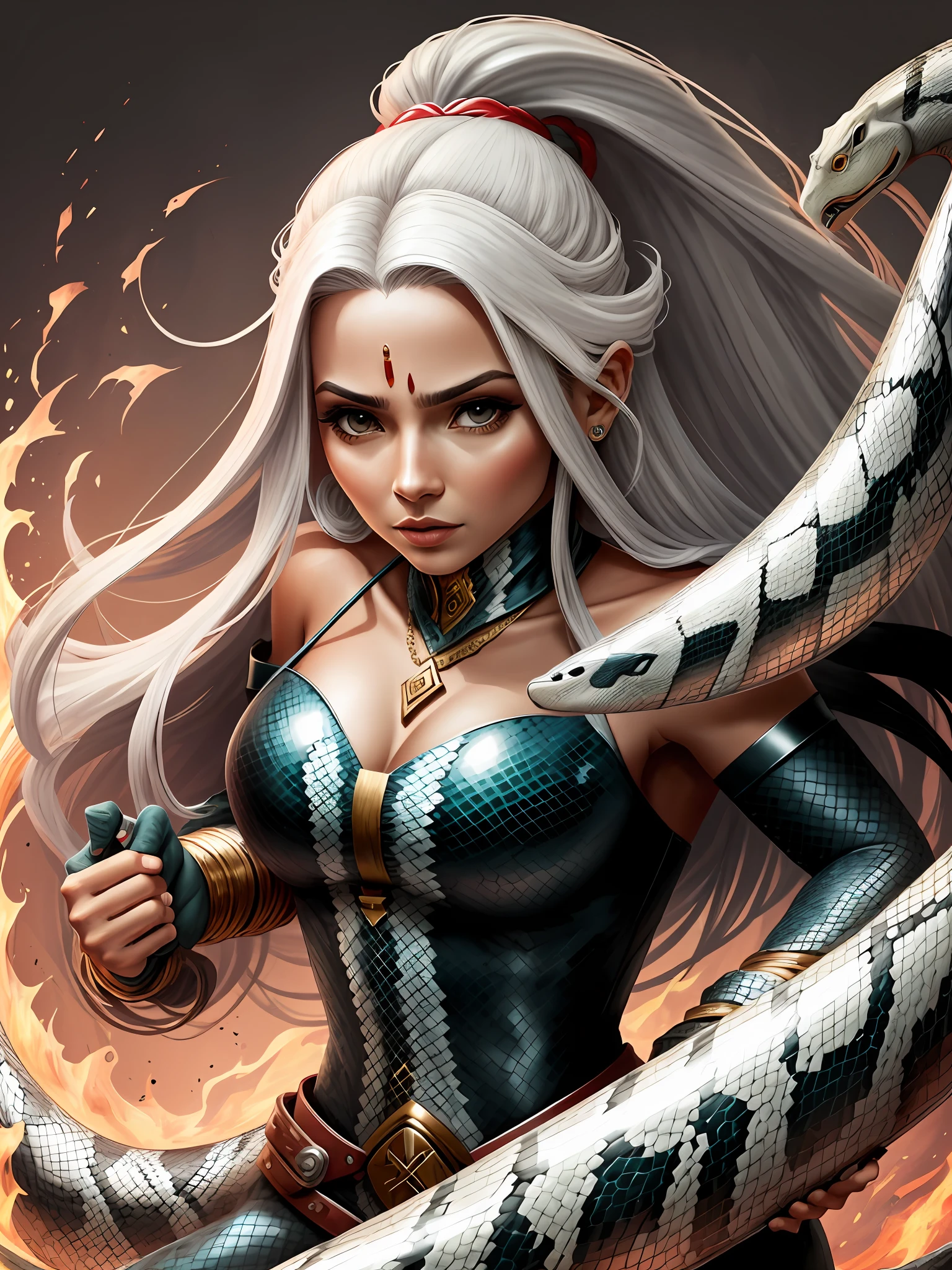 Woman with snake head, pele muito bem detalhada, flowing hair, sorrio largo muito bem detalhado, ultra sharp no corpo todo,