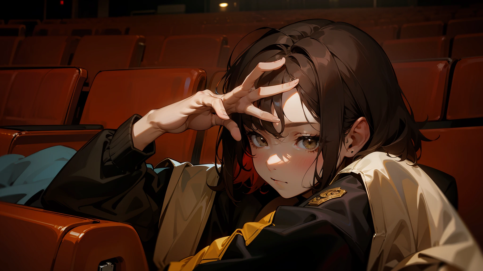 Ridiculous, high resolution, super detailed), 1 girl, solo, mature, (short messy brunette hair with long parted bangs), highest detail, serious expression, medium breasts, looking away, movie theater red seats background, hand doing v-pose while covering other eye, miserable emotionless expression, half lidded eye, dark chestnut brown eyes, cool jacket, turning head to the side, closed mouth, eyes looking away