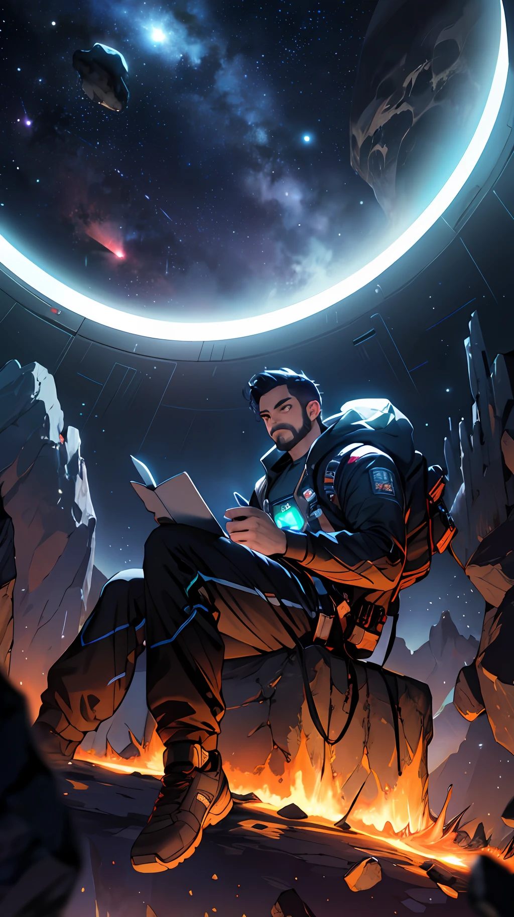 Draw a young programmer, sitting on a research platform floating in the middle of an asteroid belt. He is studying with a notebook, surrounded by several asteroids glowing with fiery auras. Dramatic lighting from distant stars and planets illuminates the scene, casting deep shadows on the suit. The young man looks confident and determined, looking at the vast and mysterious universe with wonder and respect,facial hair, cowboy shot,