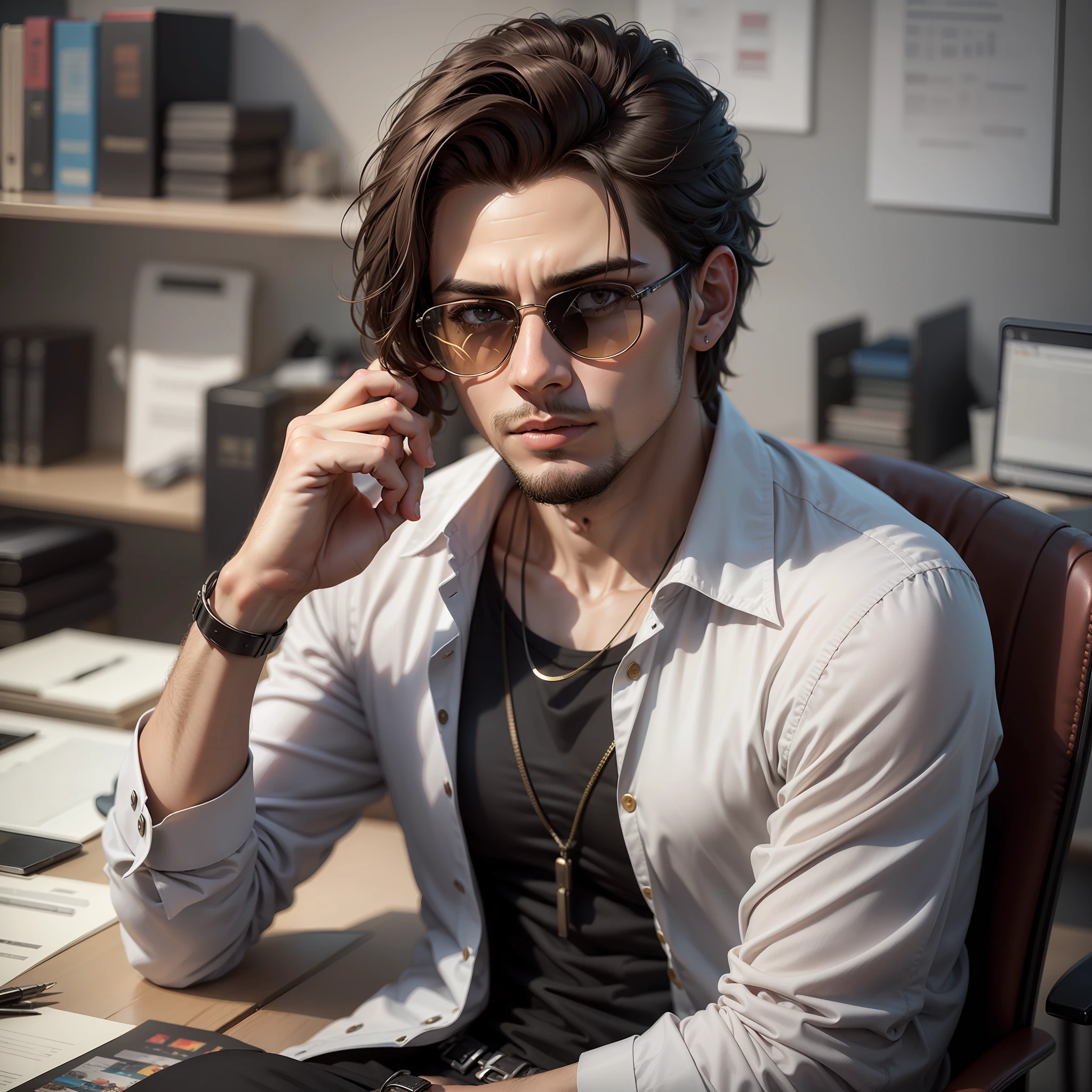 Young man in sunglasses, cabelo curto, cabelo preto, in an office environment, Arte realista, sharp picture, arte atraente, pouca luminosidade