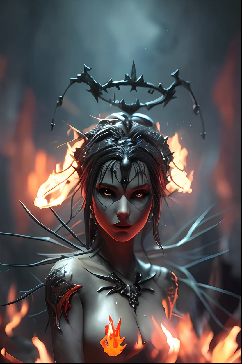 a close up of a woman with a fire on her chest, unreal engine render + a goddess, Artstation contest winner, 4k highly detailed digital art, diablo 4 lilith, 4k detailed digital art, artstation 4k, woman made of black flames, cgsociety contest winner, dark fantasy style art, 4k fantasy art, best of artstation