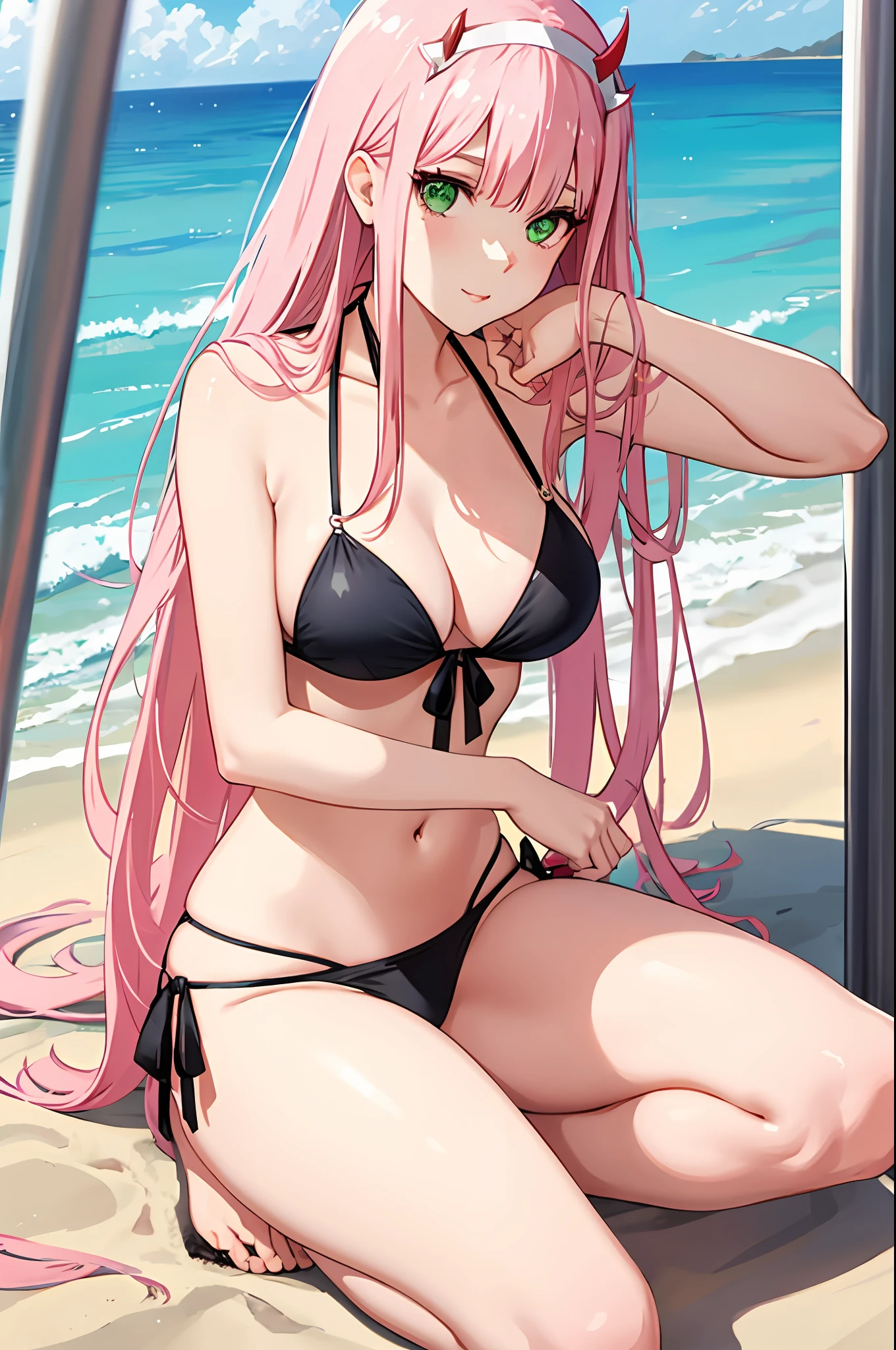 zero two, side tie bikini, medium breast, slim legs, sunny day, Beach, leaning, beautiful eyes, green eyes, nervous