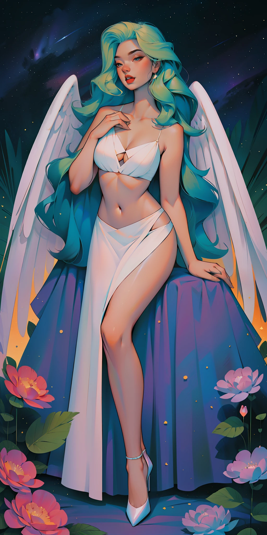 a goddess, A glorious sunrise, aura, glow, multi-colored bright aurora borealis, Spectrum Rainbow,Colored Angel Wings, feathers, In a chic, lavender white mint hair, pastel, mixed-language_SMS, (beautiful and clear background:1.2),, fantastic paintings , olhos altamente detalhados, crystals, outer space, galaxy, Gorgeous hair, Background Flora Peony, poppy, hydrangea, Plants. Loving. Love. ultra detailed hair, Best Quality, hig quality, high resolucion, detail enhancement, ((most beautiful image in the world)), Masterpiece, Best Quality, High Quality Detail Enhancement, ((most beautiful image ), Shiny hair, ultra chic bikini, Stampa Flores, art by stjepan sejic, art by j scott campbell, art by guillem march, art by citemer liu, 4k, high resolucion, comic book character, comic, high quality detailed, style of ::2.0 comix illustration style,tatoon style, hig quality, high resolucion, detail enhancement, 8K, HD, Best Quality, hig quality, high resolucion, detail enhancement, 8K, HDR, Sharp focus, Ultra Detailed, perfect lighting, Curvy Body, Lush breasts, Curvy hips, On Bed, high heels,, sparks, Stars, The Cycle of the Stars