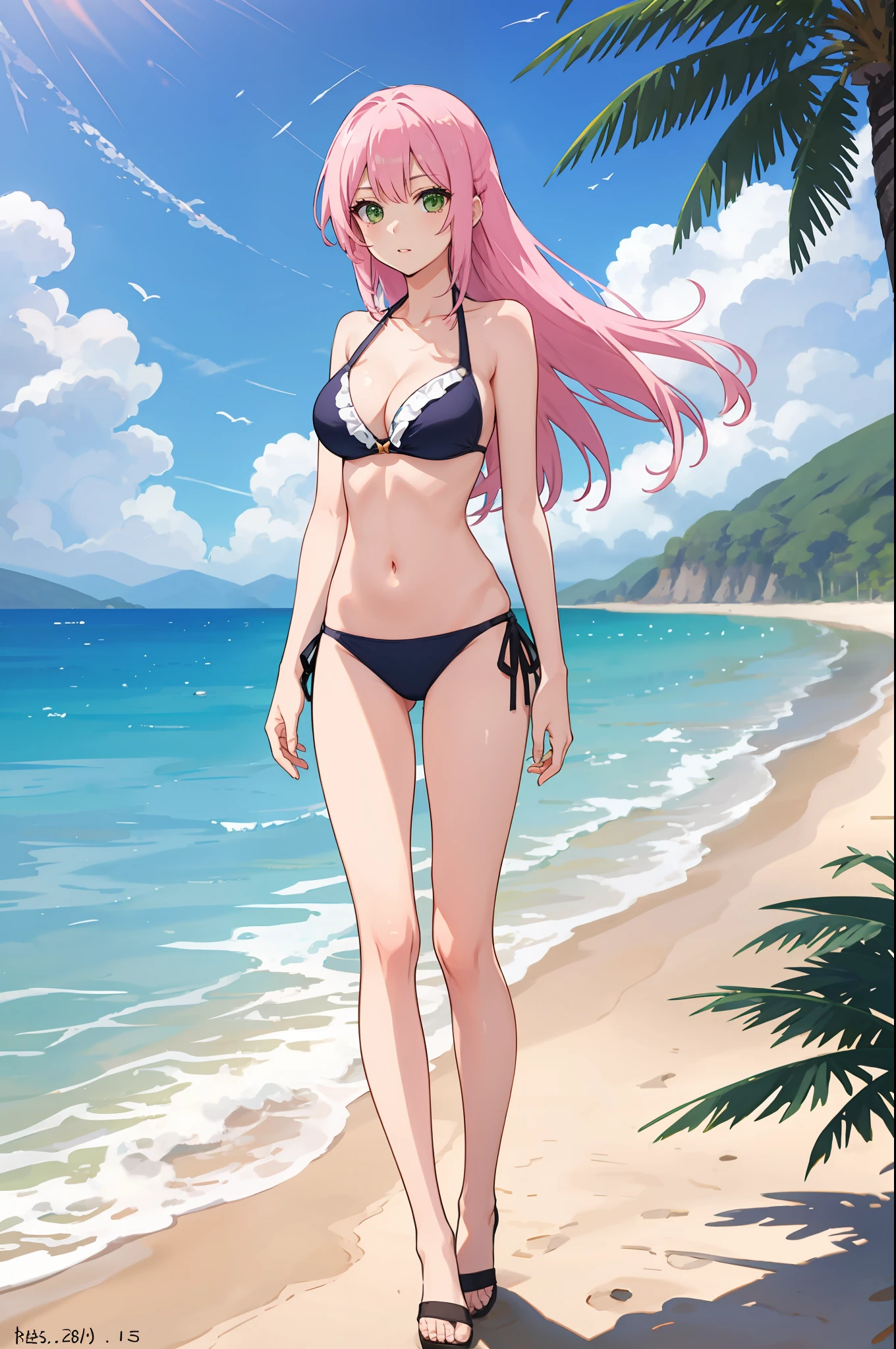 shikimori, medium breast, slim legs, , side tie bikini, sunny day, Beach, standing, beautiful eyes, green eyes, nervous