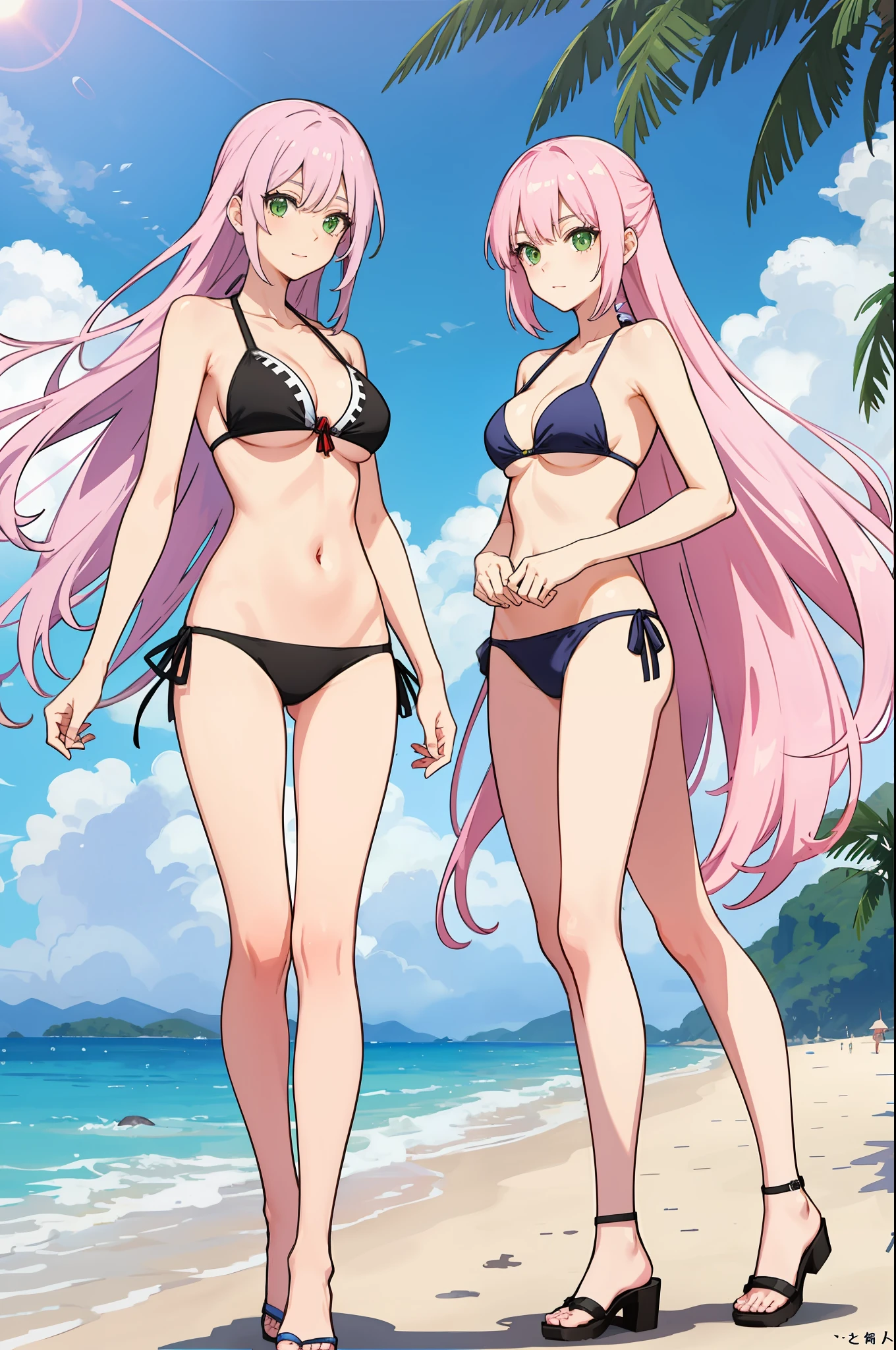shikimori, medium breast, slim legs, , side tie bikini, sunny day, Beach, standing, beautiful eyes, green eyes, nervous