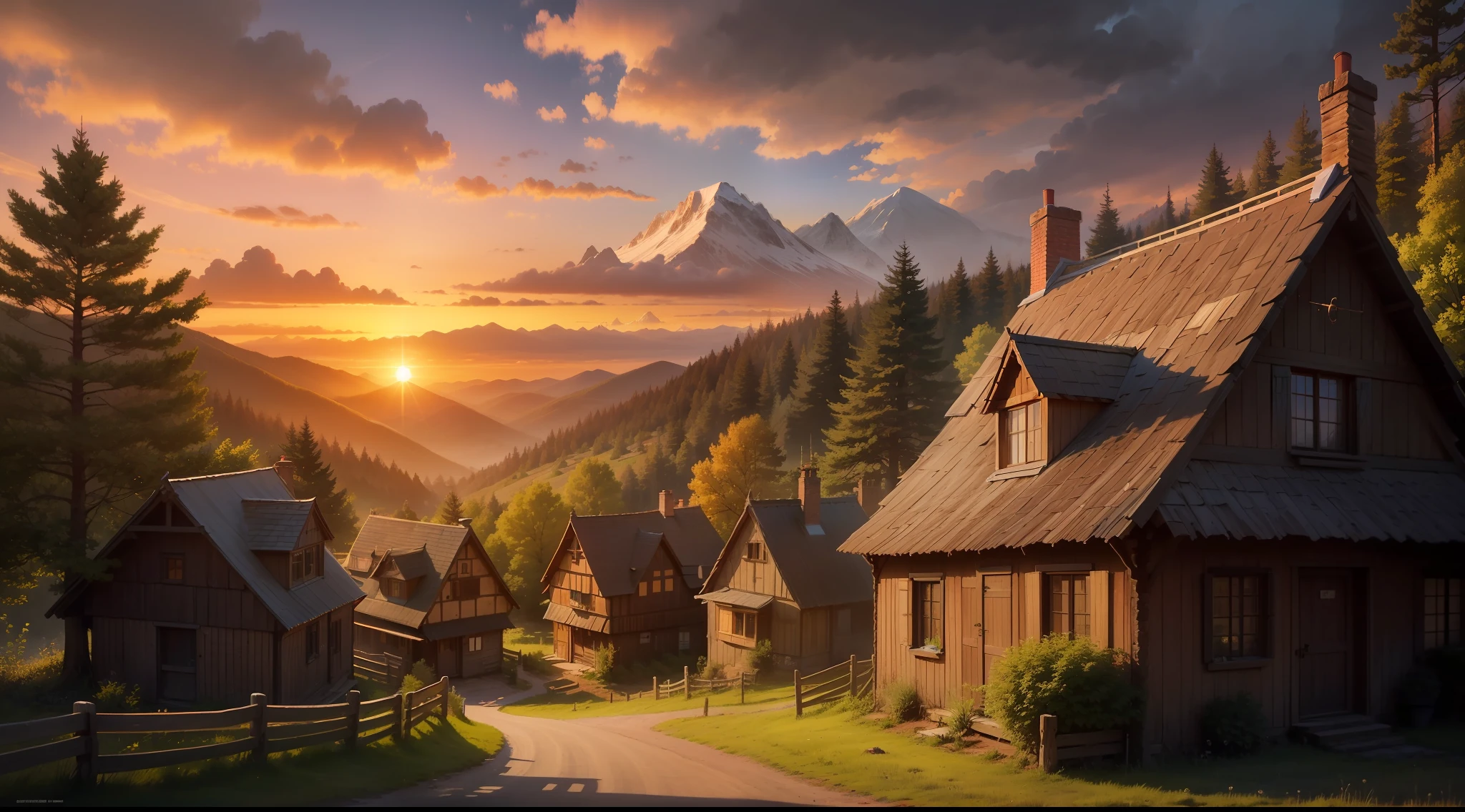 A simple and humble medieval village of wooden houses in the middle of a beautiful forest surrounded by mountains and an extraordinary sunset on the horizon