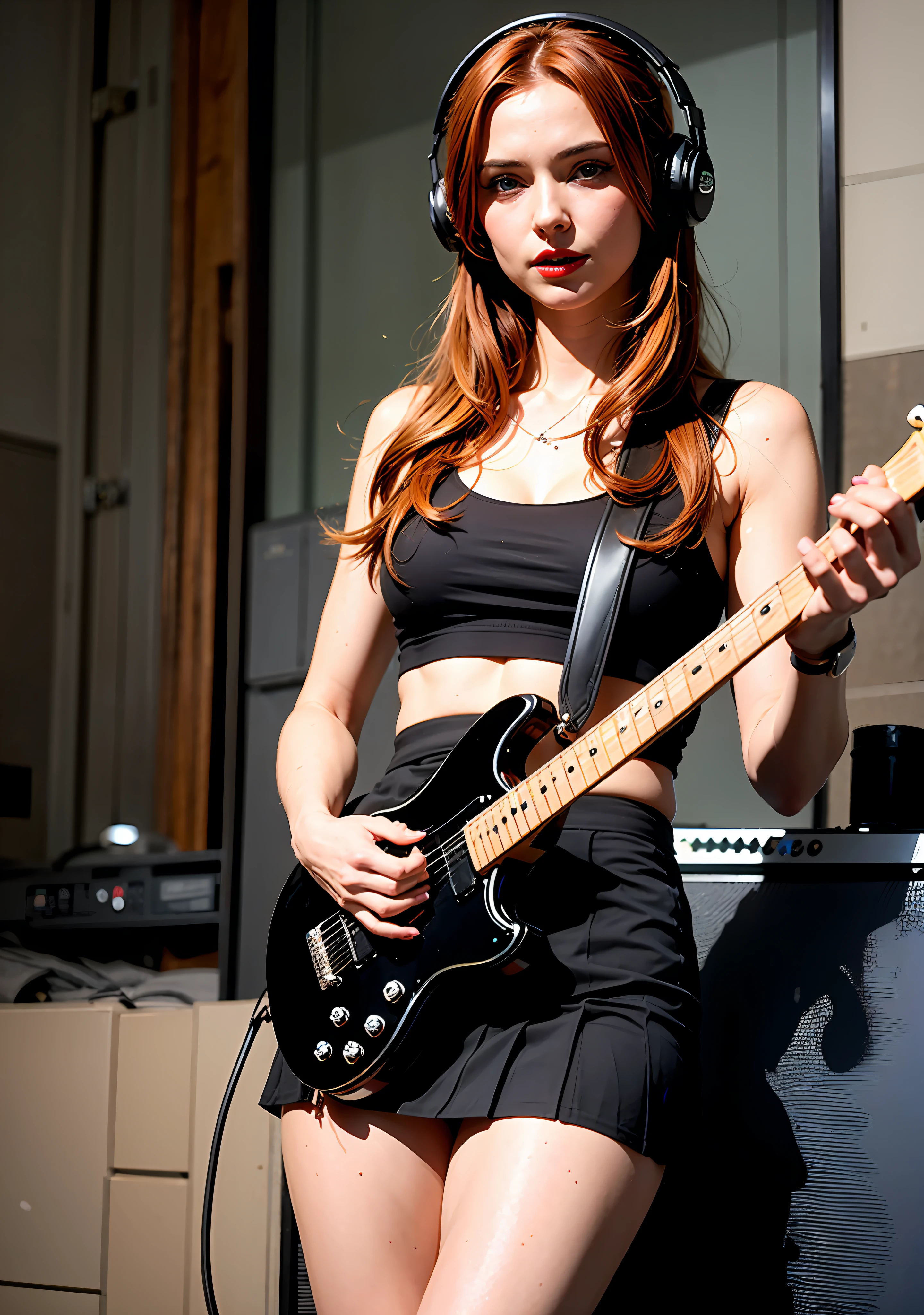 A solo redhead woman, with blue eyes and long hair styled on one side up, is captured in a photo flirting to the camera while holding an electric guitar, wearing a black skirt and pleated skirt, while wearing headphones and showcasing her mesmerizing red lips.