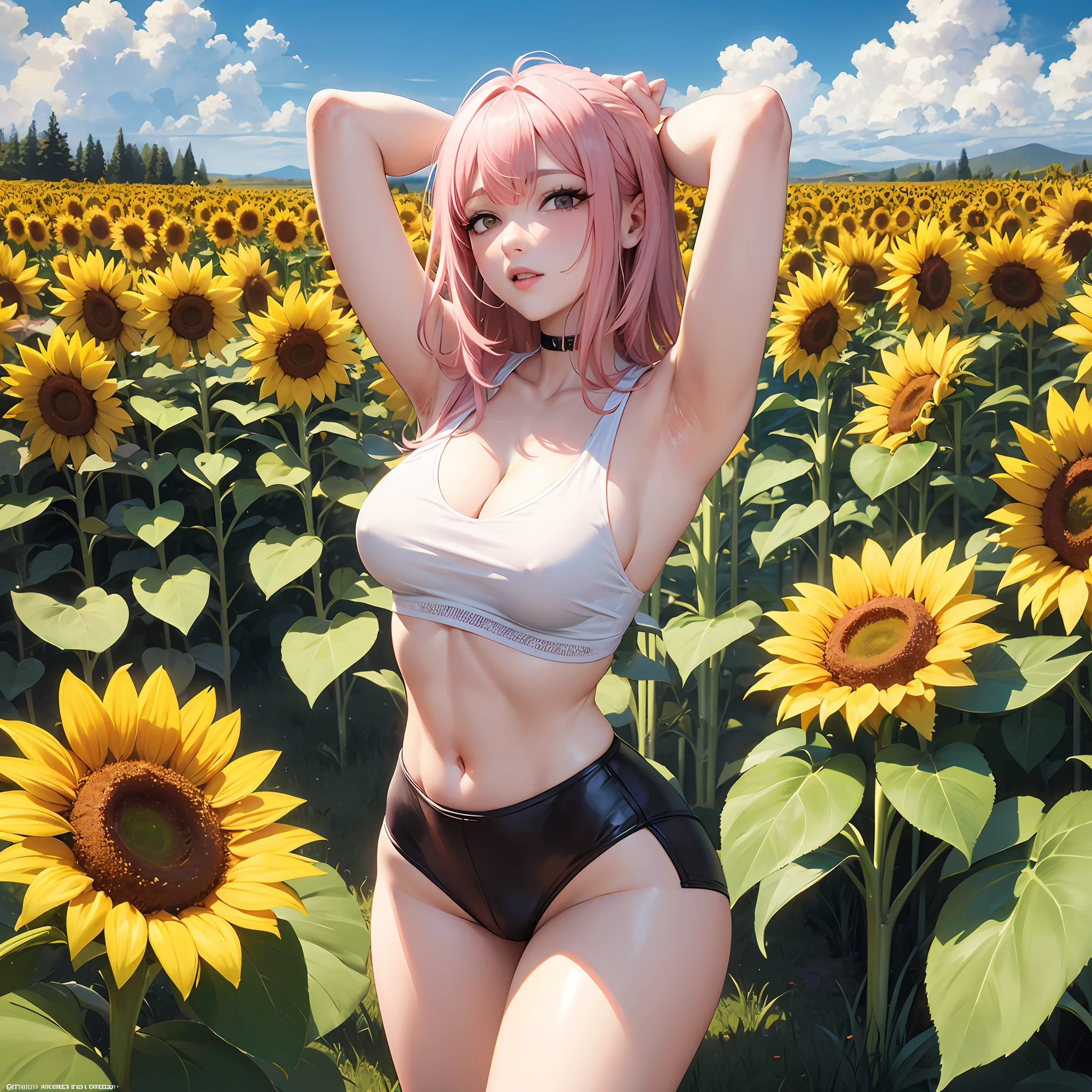 Pink-haired woman in sexxy poses with sexxy outfit and emphasis on glutes in a sunflower plantation