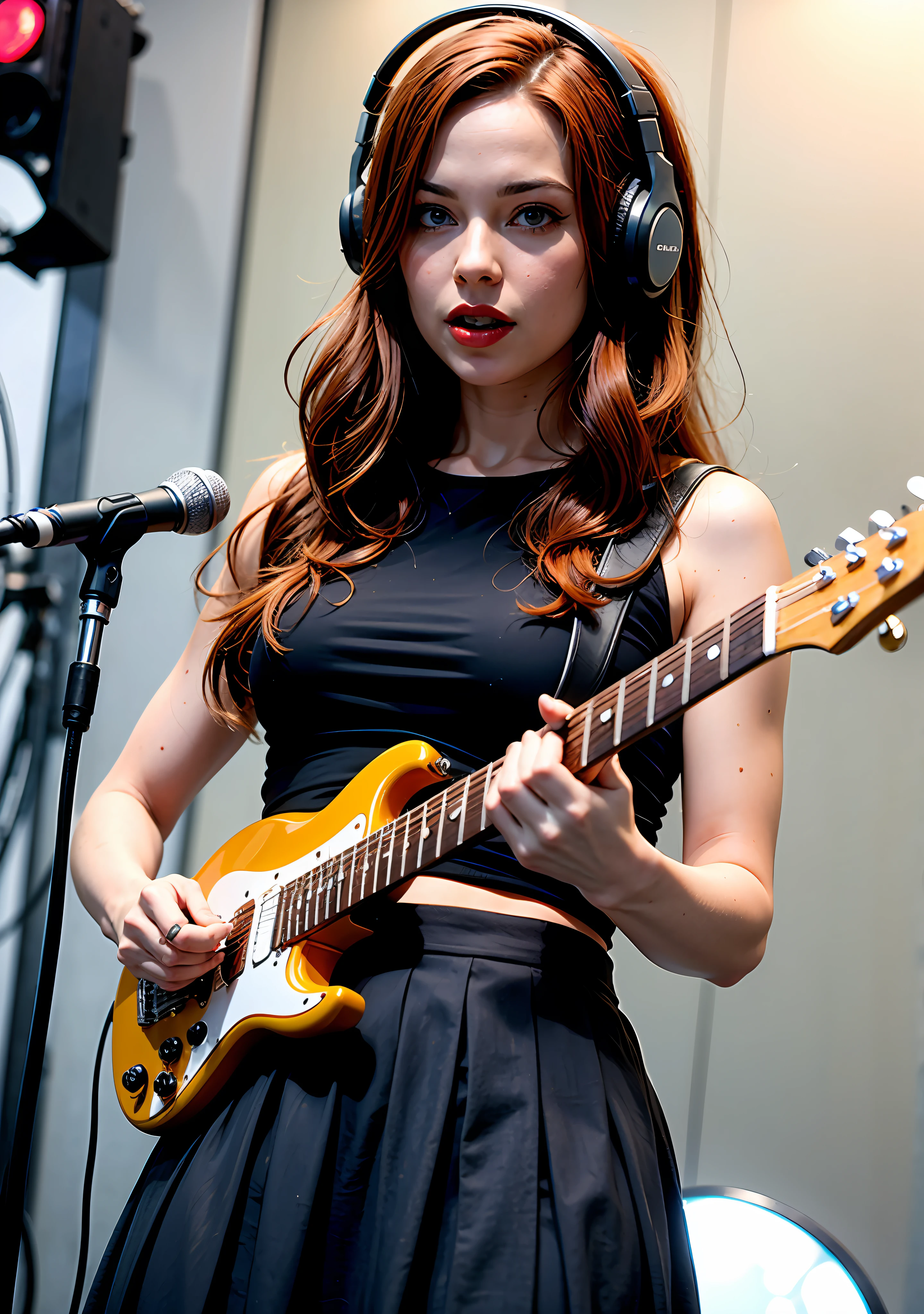 A solo redhead woman, with blue eyes and long hair styled on one side up, is captured in a photo flirting to the camera while holding an electric guitar, wearing a black skirt and pleated skirt, while wearing headphones and showcasing her mesmerizing red lips.