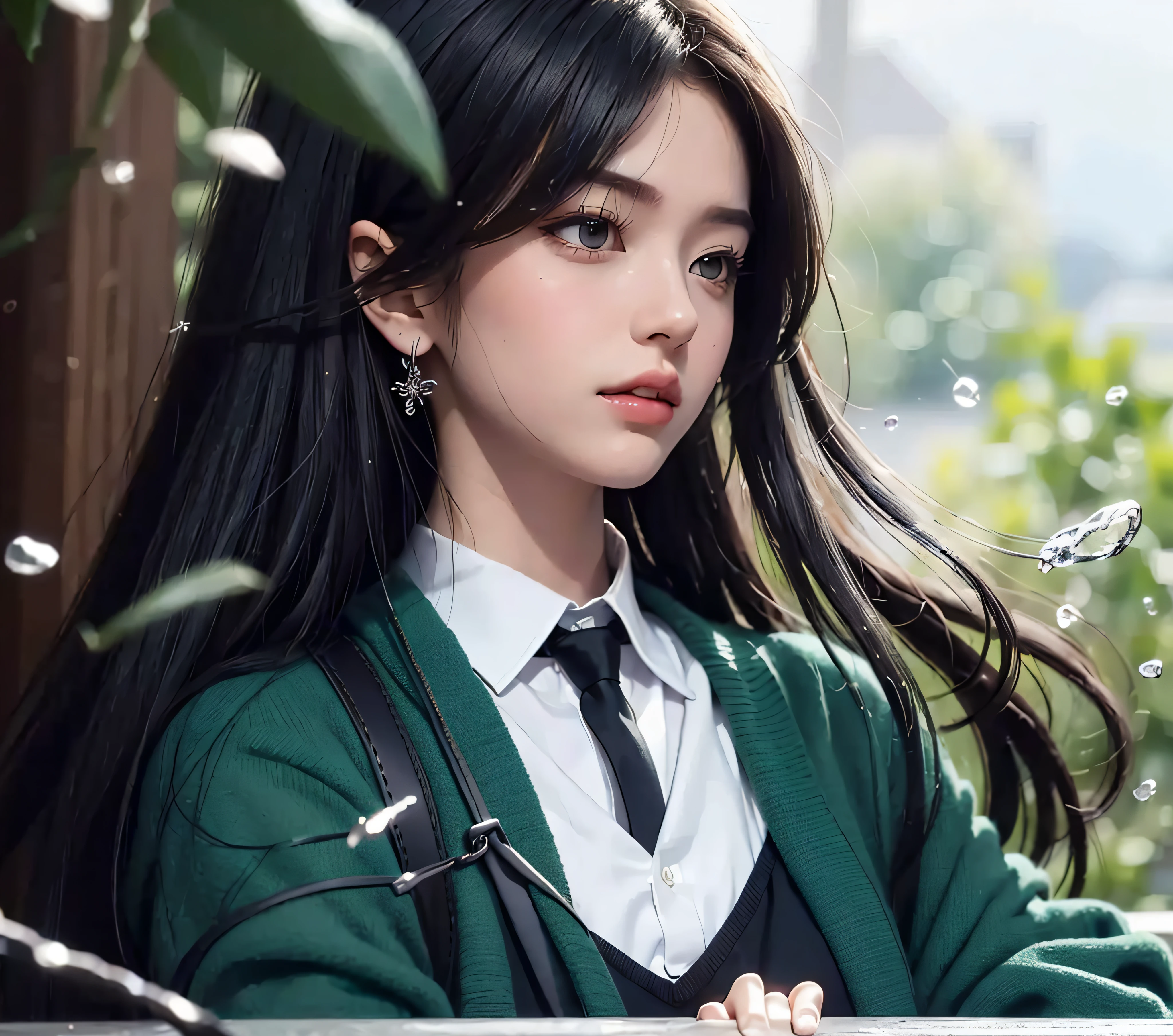 Girl with blue-black hair and blue-black eyes in green dress, Rain Iwakura, close-up of Rain Iwakura, portrait of Ringo Shiina, portrait of Rain Iwakura, still view Shikishi, beautiful schoolgirl, close-up of Rain Iwakura, style like fate/stay night, best girl, erotic look