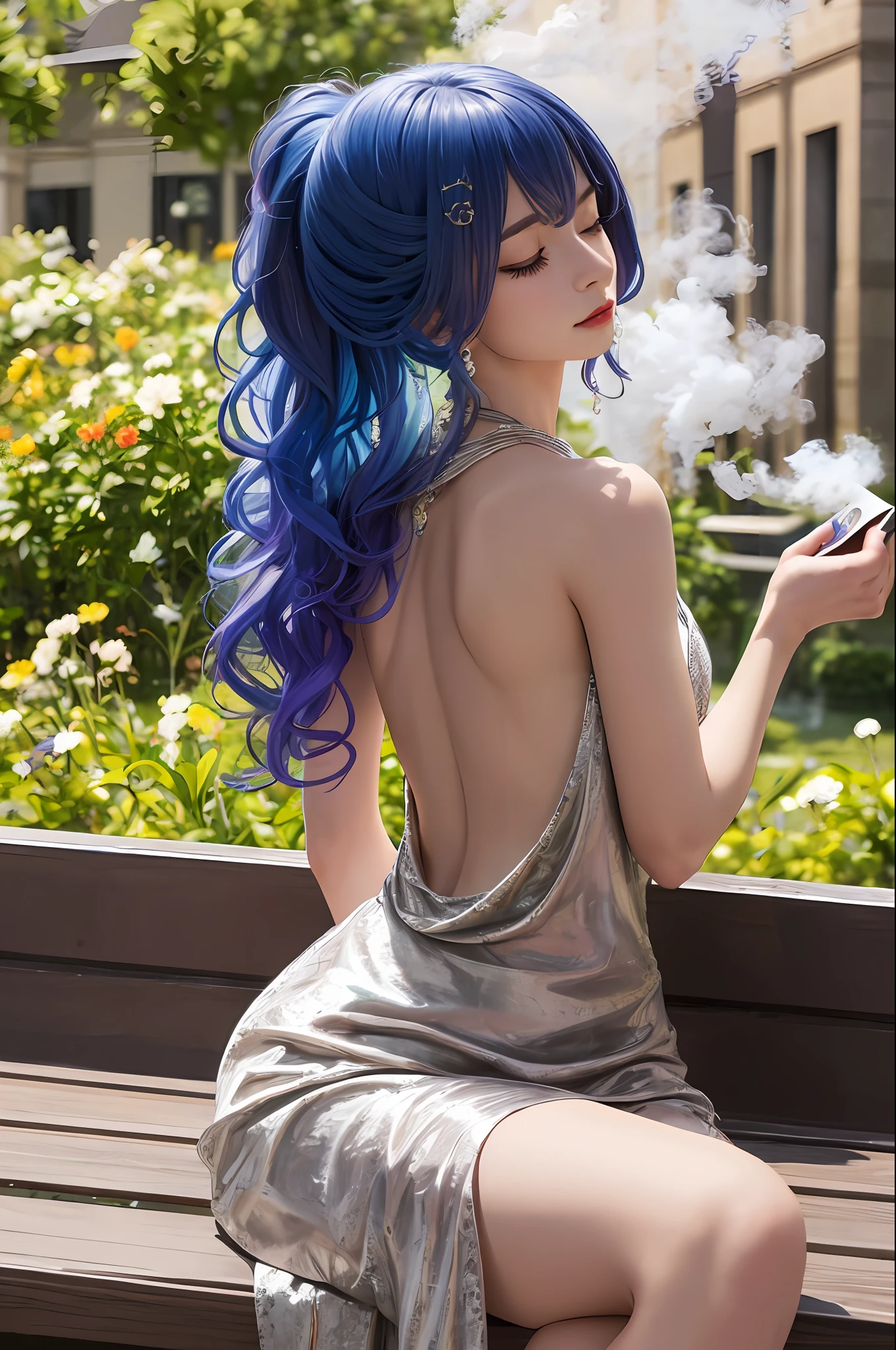 an elegant young woman sitting on a wrought iron bench in the center of a lush garden. The garden should be filled with colorful flowers and greenery, creating a vibrant and serene atmosphere. The woman should have long, flowing brown hair, styled in loose curls that fall gently down her back. She should be wearing a flowing white dress with delicate lace accents, which floats around her as she sits on the bench. In her left hand, the woman should be holding a leather-bound book with gilded pages, as if she were in the middle of reading it. Her right hand should be resting gently on a small, ornate table that is positioned next to the bench. On the table, there should be a vase of freshly cut flowers, with bright red and yellow petals that perfectly complement the surrounding flora. Next to the vase, there should be a small cup of steaming tea, emitting fragrant steam that curls up into the air. The woman should have a serene expression on her face, as if she is completely at peace and enjoying the natural beauty around her. Her eyes should be closed, as if she is savoring the aroma of the flowers and the warm breeze on her skin. The overall image should convey a sense of tranquility and contentment