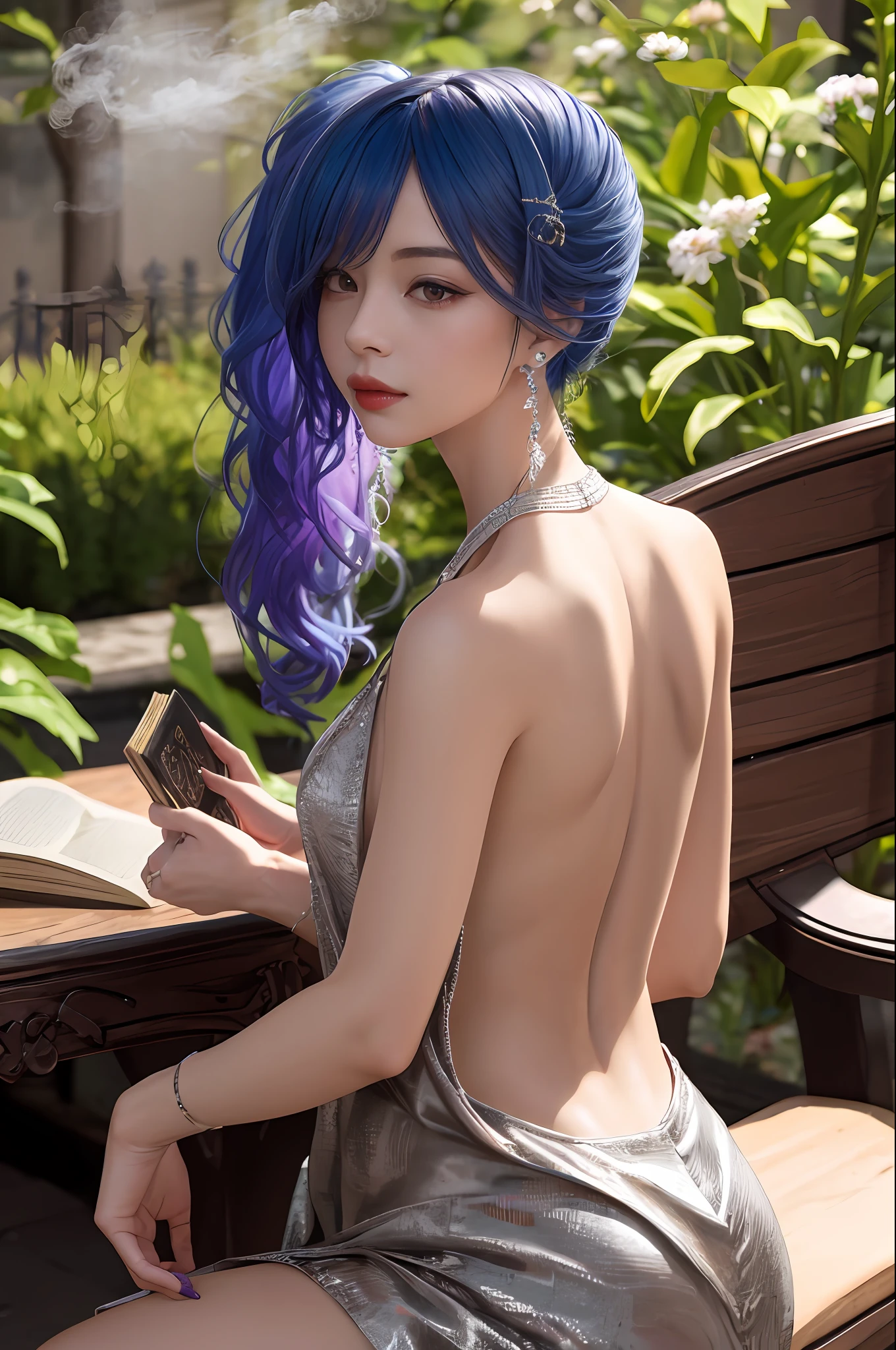 an elegant young woman sitting on a wrought iron bench in the center of a lush garden. The garden should be filled with colorful flowers and greenery, creating a vibrant and serene atmosphere. The woman should have long, flowing brown hair, styled in loose curls that fall gently down her back. She should be wearing a flowing white dress with delicate lace accents, which floats around her as she sits on the bench. In her left hand, the woman should be holding a leather-bound book with gilded pages, as if she were in the middle of reading it. Her right hand should be resting gently on a small, ornate table that is positioned next to the bench. On the table, there should be a vase of freshly cut flowers, with bright red and yellow petals that perfectly complement the surrounding flora. Next to the vase, there should be a small cup of steaming tea, emitting fragrant steam that curls up into the air. The woman should have a serene expression on her face, as if she is completely at peace and enjoying the natural beauty around her. Her eyes should be closed, as if she is savoring the aroma of the flowers and the warm breeze on her skin. The overall image should convey a sense of tranquility and contentment