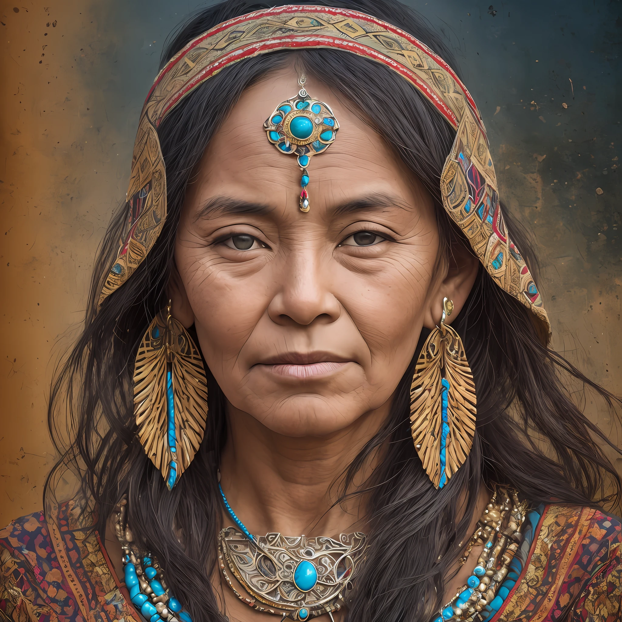 A dignified portrait of a 60-year-old indigenous woman from the Western region. This is an image inspired by the wisdom, resilience, and cultural heritage of indigenous communities. The environment/background should reflect the natural landscapes and cultural significance of the Western region, such as mountains, forests, or traditional dwellings. The woman should be depicted with traditional attire, adorned with meaningful symbols and patterns that represent her heritage. The image should be a high-quality photograph or digital illustration, capturing the woman's distinct features, including her weathered skin, expressive eyes, and a lifetime of experiences etched onto her face. The medium shot will provide a balanced view of the woman's face, highlighting her strength and connection to her community. The lighting should be warm and natural, accentuating her features and creating depth. The desired level of detail is high, with a resolution that allows for intricate textures and nuances to be visible. The goal is to create an image that honors the wisdom and cultural richness of indigenous communities, captivating viewers with its authenticity and storytelling power.