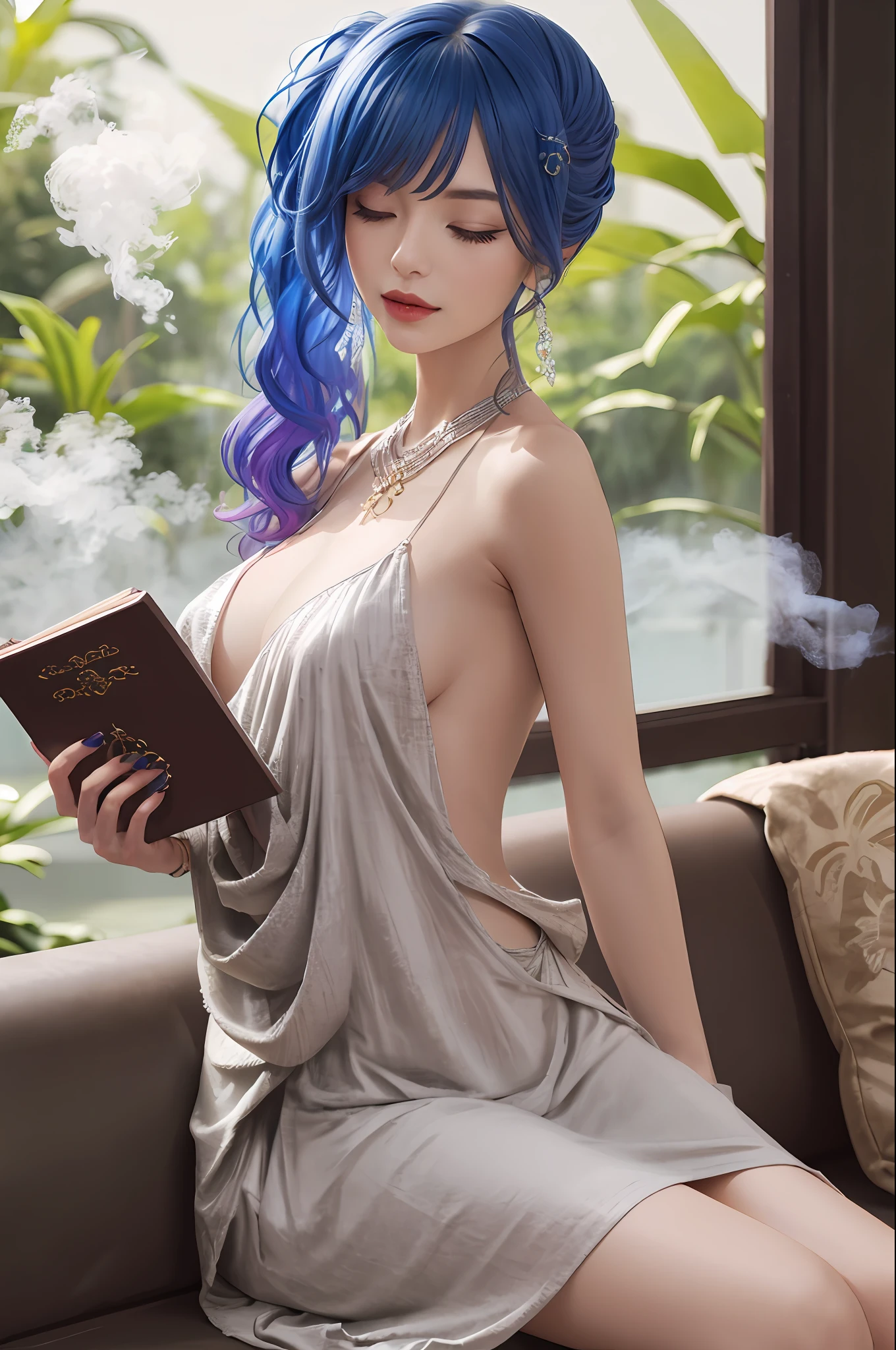 an elegant young woman sitting on a wrought iron bench in the center of a lush garden. The garden should be filled with colorful flowers and greenery, creating a vibrant and serene atmosphere. The woman should have long, flowing brown hair, styled in loose curls that fall gently down her back. She should be wearing a flowing white dress with delicate lace accents, which floats around her as she sits on the bench. In her left hand, the woman should be holding a leather-bound book with gilded pages, as if she were in the middle of reading it. Her right hand should be resting gently on a small, ornate table that is positioned next to the bench. On the table, there should be a vase of freshly cut flowers, with bright red and yellow petals that perfectly complement the surrounding flora. Next to the vase, there should be a small cup of steaming tea, emitting fragrant steam that curls up into the air. The woman should have a serene expression on her face, as if she is completely at peace and enjoying the natural beauty around her. Her eyes should be closed, as if she is savoring the aroma of the flowers and the warm breeze on her skin. The overall image should convey a sense of tranquility and contentment