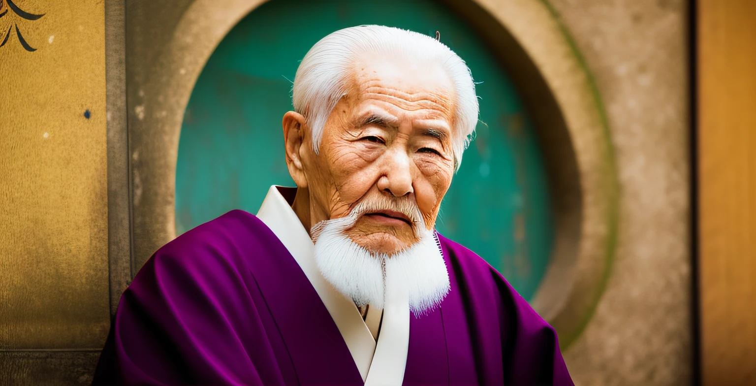 a wise old JAPO0NES with hair and white beard standing