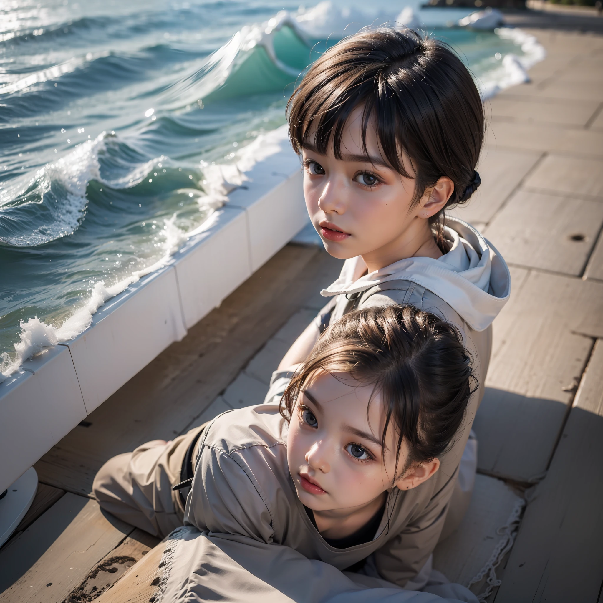 Masterpiece, best quality, 8K wallpaper, a handsome little boy by the sea, (multi-national mixed race 1.6), black hair, (big brown eyes), straight nose