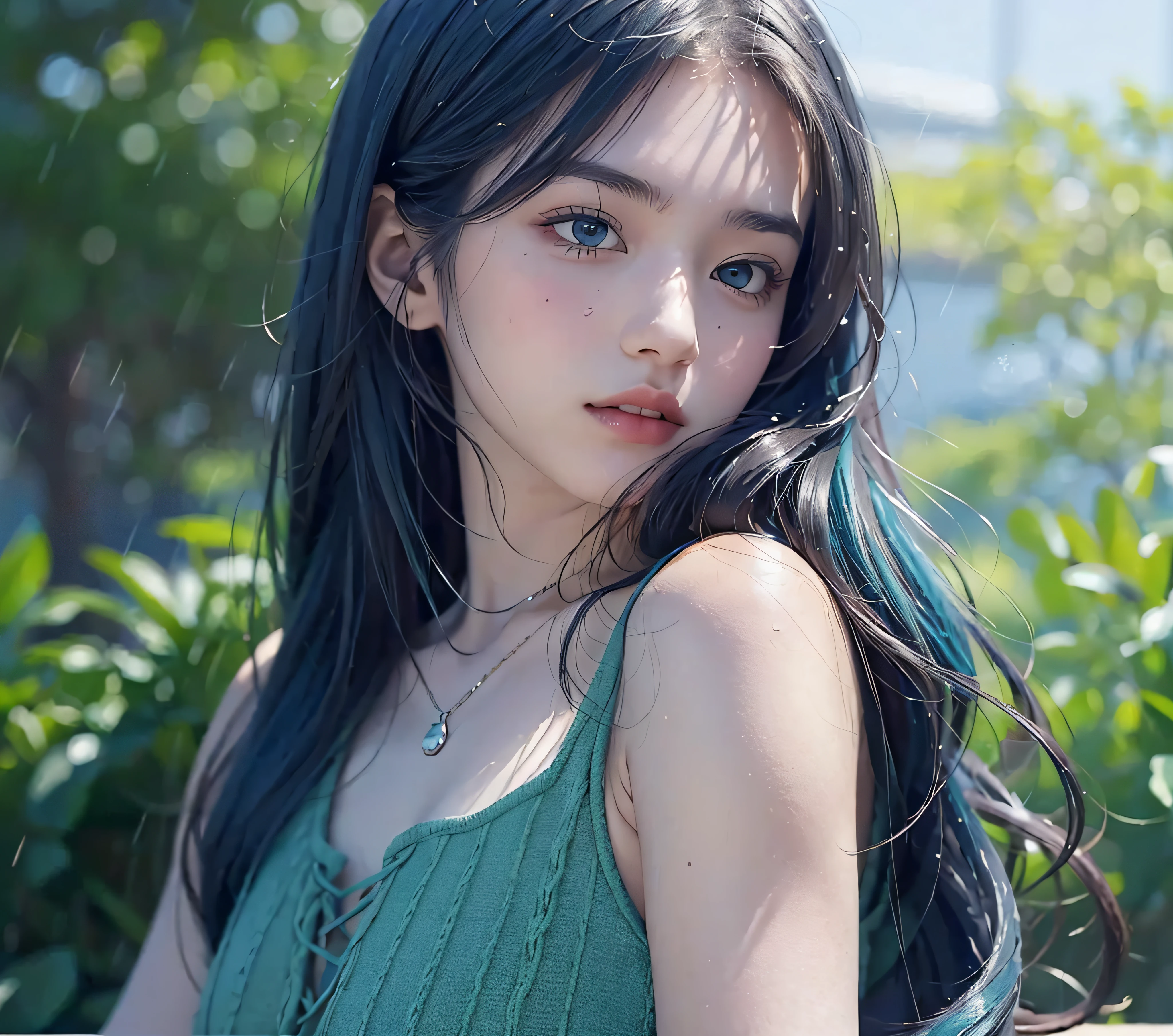 Girl with blue hair and blue eyes in green dress, Rain Iwakura, close-up of Rain Iwakura, portrait of Ringo Shiina, portrait of Rain Iwakura, still view Shikishi, beautiful schoolgirl, close-up of Rain Iwakura, style like fate/stay night, best girl