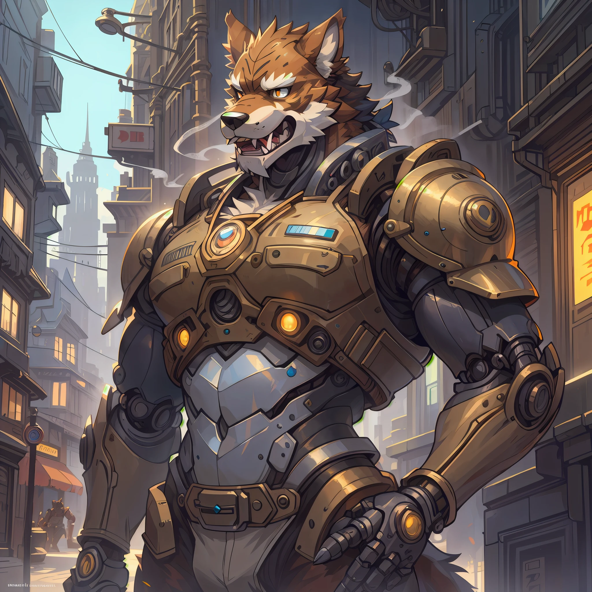 top quality, High-quality illustrations by Johannes Vermeer, masterpiece, Dark_Fantasy, Cyberpunk, steam punk(super handsome boy, single, kemono)Mechanical marvel, Robotic presence, Cybernetic guardian, wearing a worn-out mech suit, intricate(steel metal, rusty)(furry anthro:1.7)(Furry body, dog facial features, dog body features)elegant, clear focus, shot by greg rutkowski, soft lighting, vibrant colors, masterpiece((street))cowboy shot, dynamic pose,